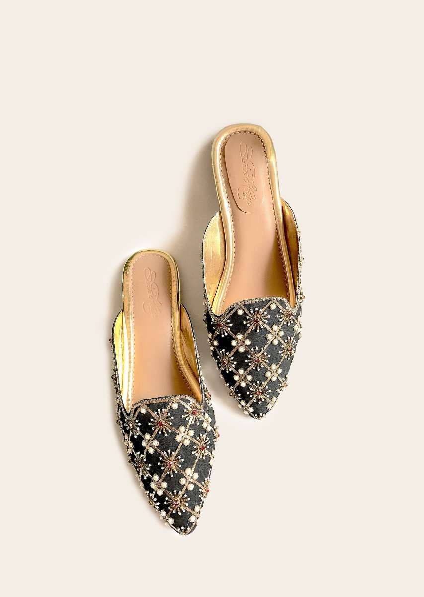 12138-black-mules-with-maroon-swarovski-and-zari-detailing-by-sole-house-1.jpg Black Mules With Maroon Swarovski And Zari Detailing By Sole House