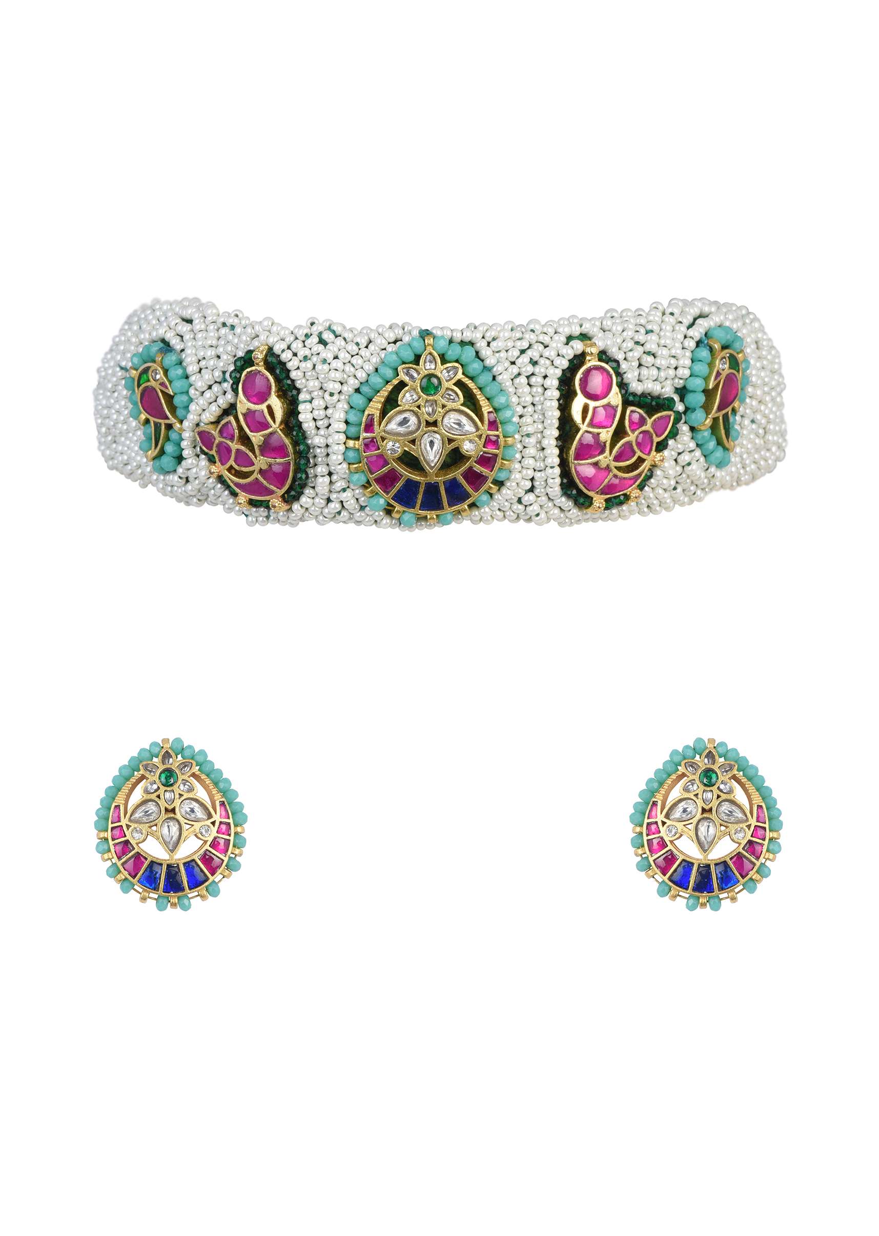 White Rajasthani Ponchi Kundan Studded Choker With Stud Earrings