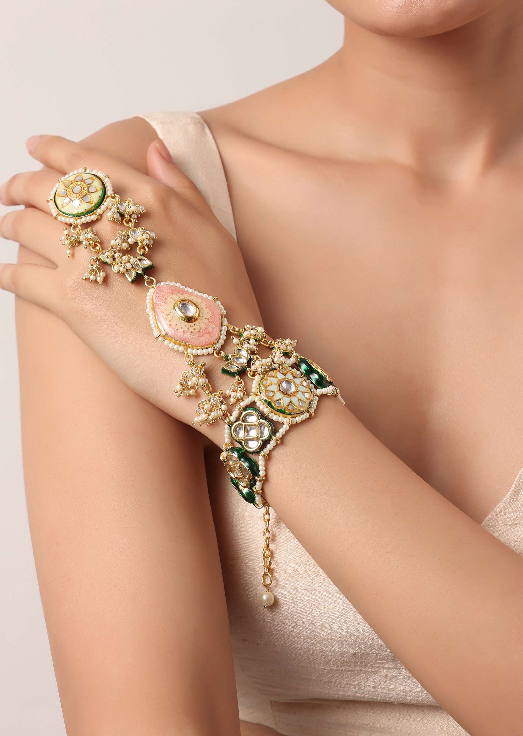 12158-pink-and-gold-hathphool-with-meenakari-and-kundan-1.jpg Pink And Gold Hathphool With Meenakari And Kundan