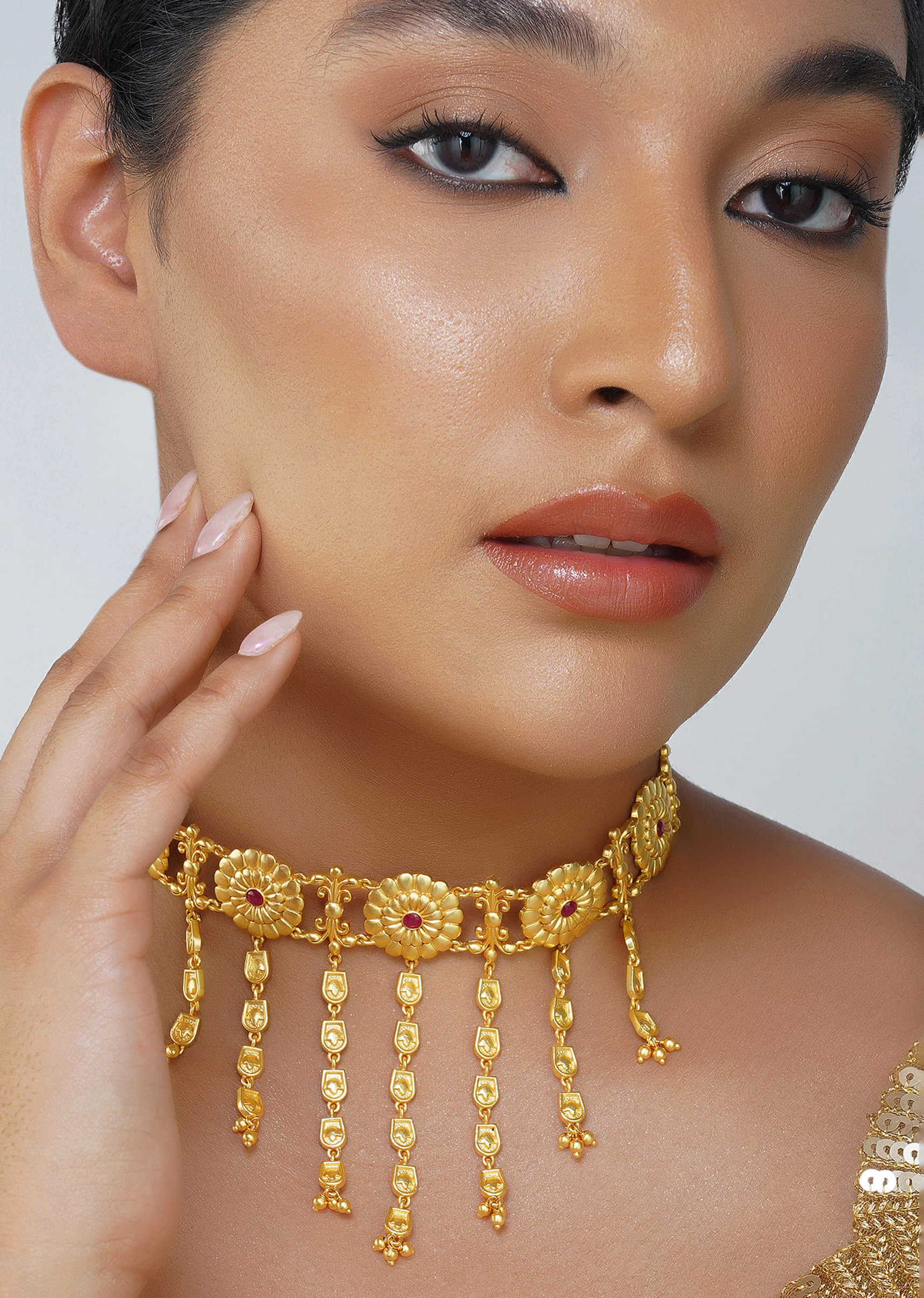 12166-antique-gold-floral-choker-necklace-with-zircon-accents-1.jpg Antique Gold Floral Choker Necklace With Zircon Accents