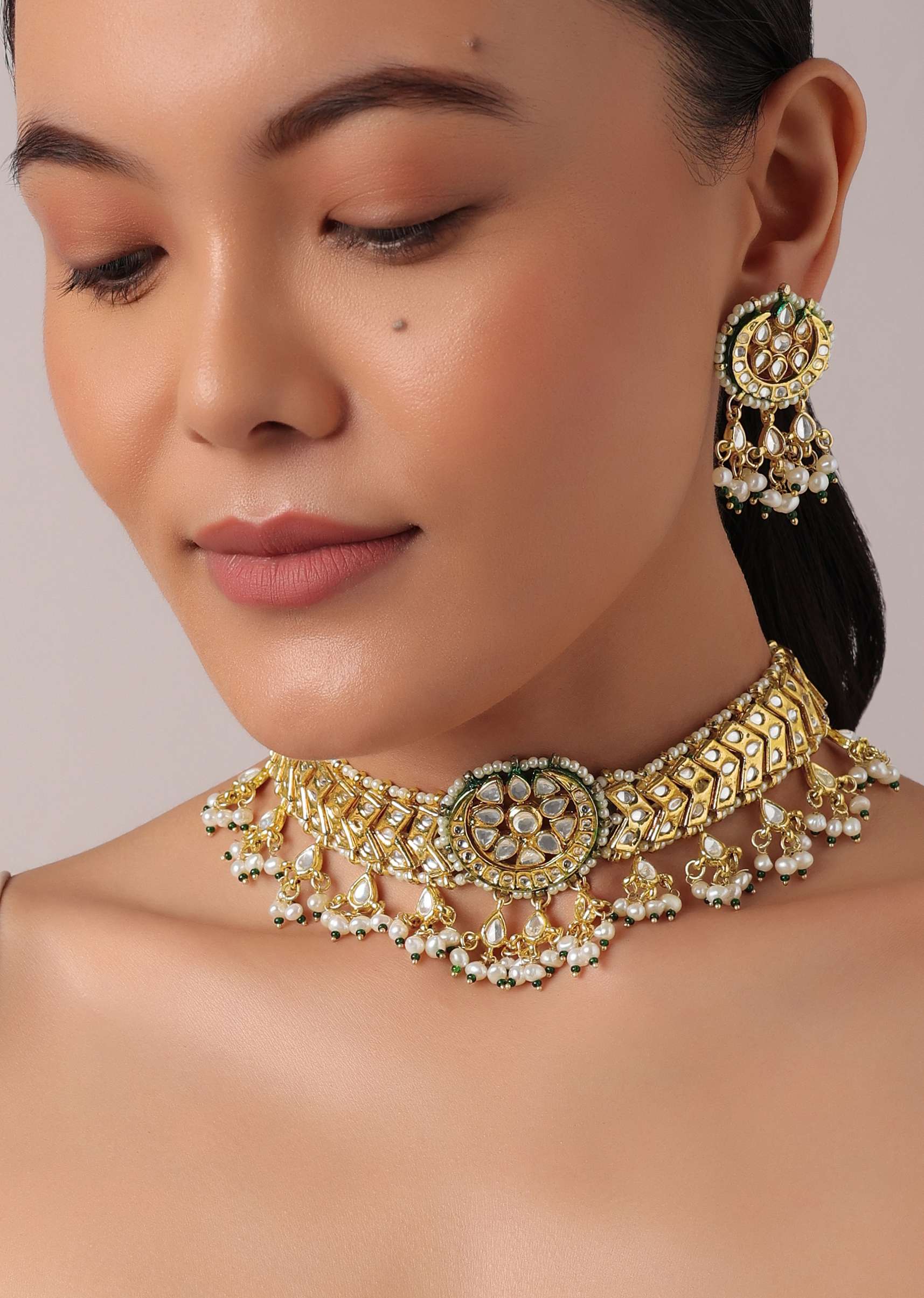 12167-gold-finish-pendant-choker-set-with-bead-drops-and-studded-kundan-1.jpg Gold Finish Pendant Choker Set With Bead Drops And Studded Kundan