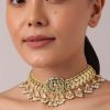 12167-gold-finish-pendant-choker-set-with-bead-drops-and-studded-kundan-2.jpg Gold Finish Pendant Choker Set With Bead Drops And Studded Kundan