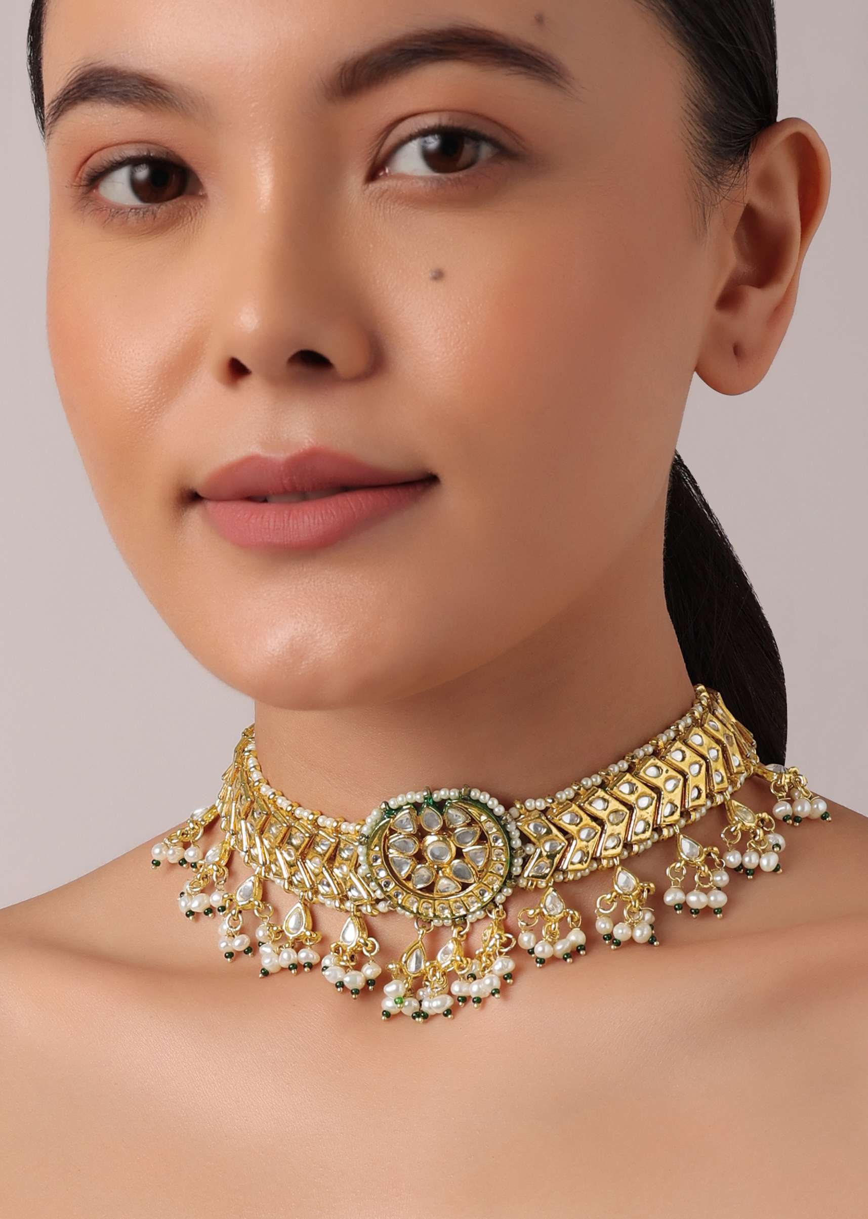 12167-gold-finish-pendant-choker-set-with-bead-drops-and-studded-kundan-2.jpg Gold Finish Pendant Choker Set With Bead Drops And Studded Kundan