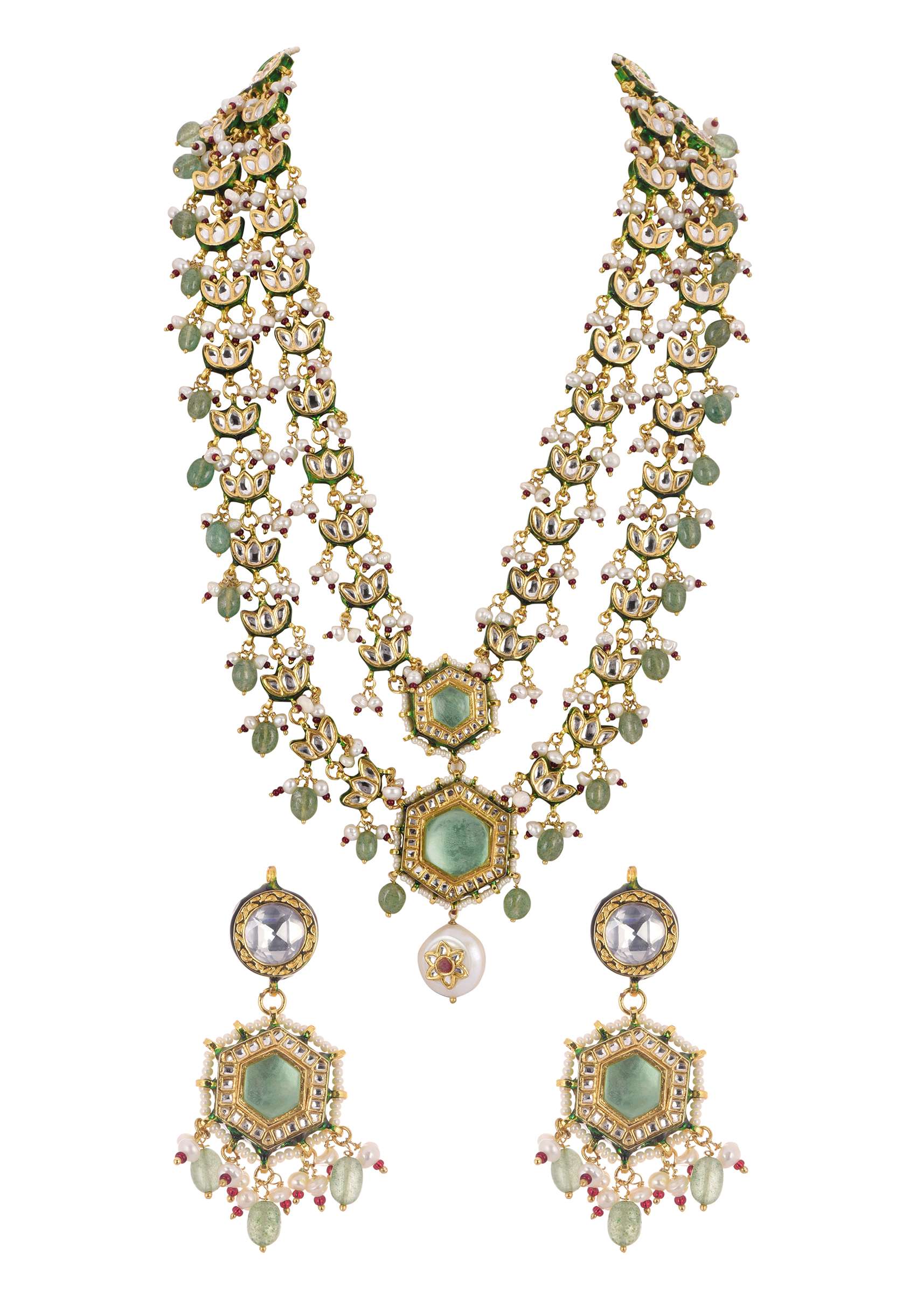 White Layered Kundan Necklace And Earring Set With Carved Motif