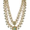 White Layered Kundan Necklace And Earring Set With Carved Motif