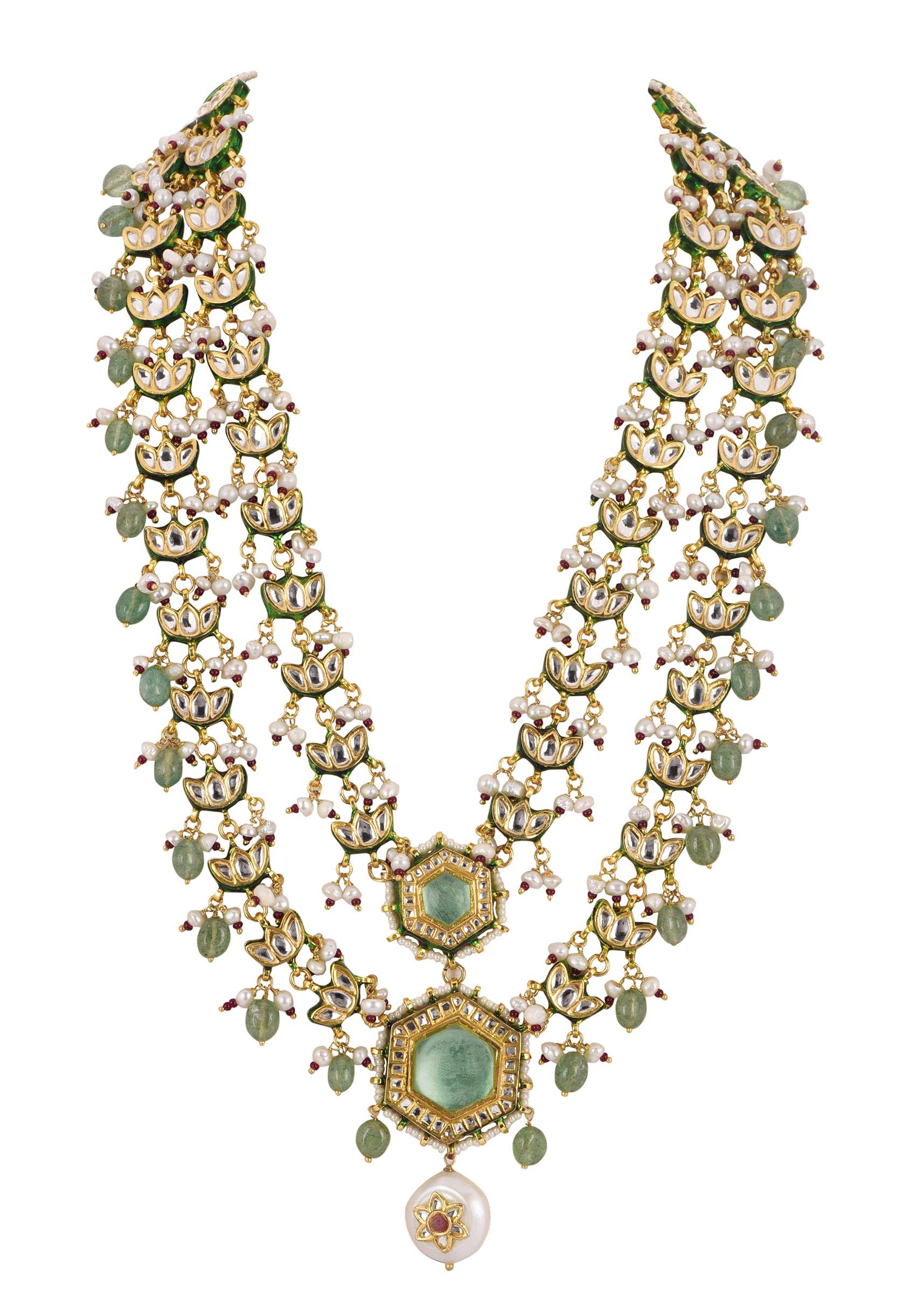 White Layered Kundan Necklace And Earring Set With Carved Motif