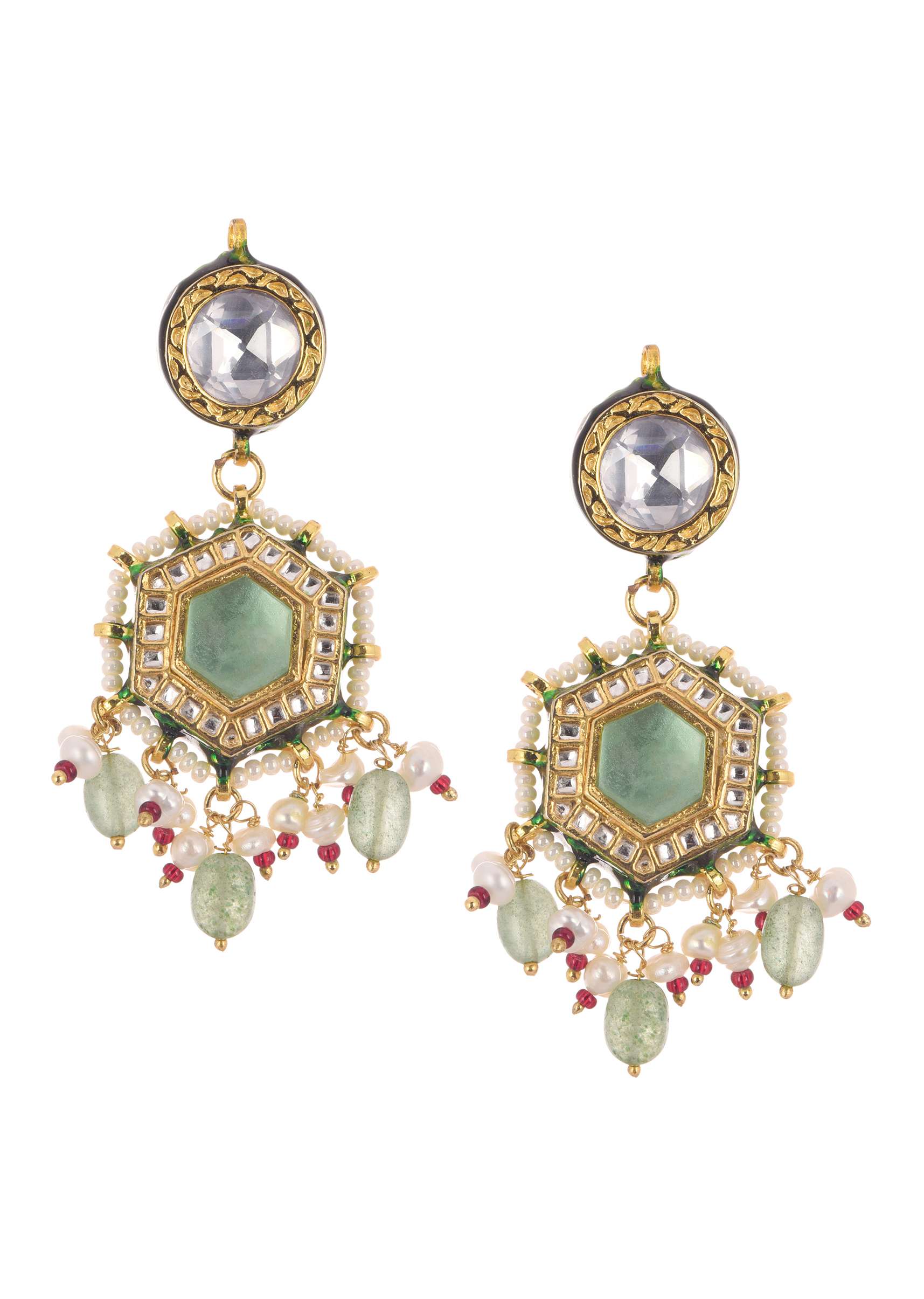 White Layered Kundan Necklace And Earring Set With Carved Motif