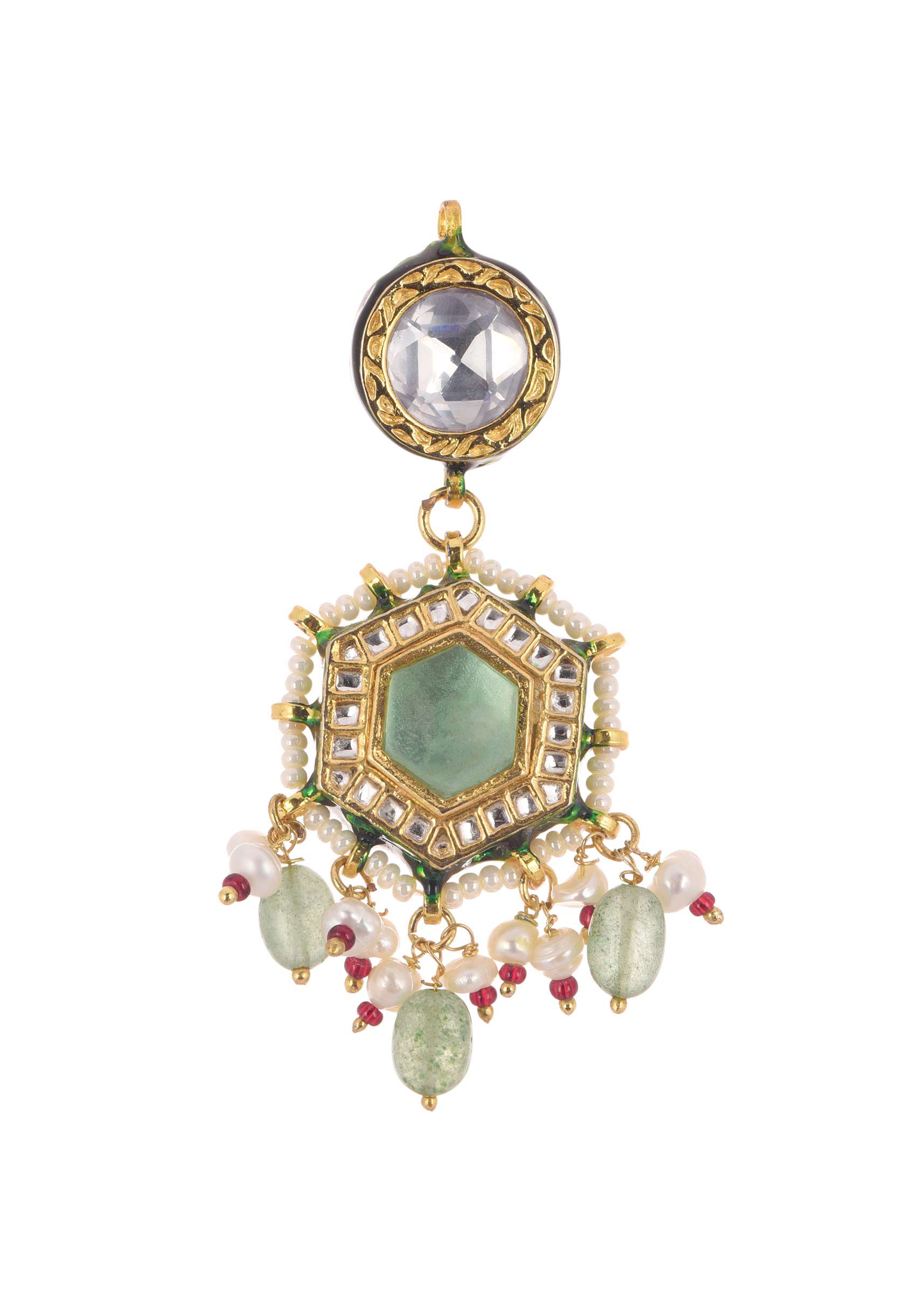 White Layered Kundan Necklace And Earring Set With Carved Motif