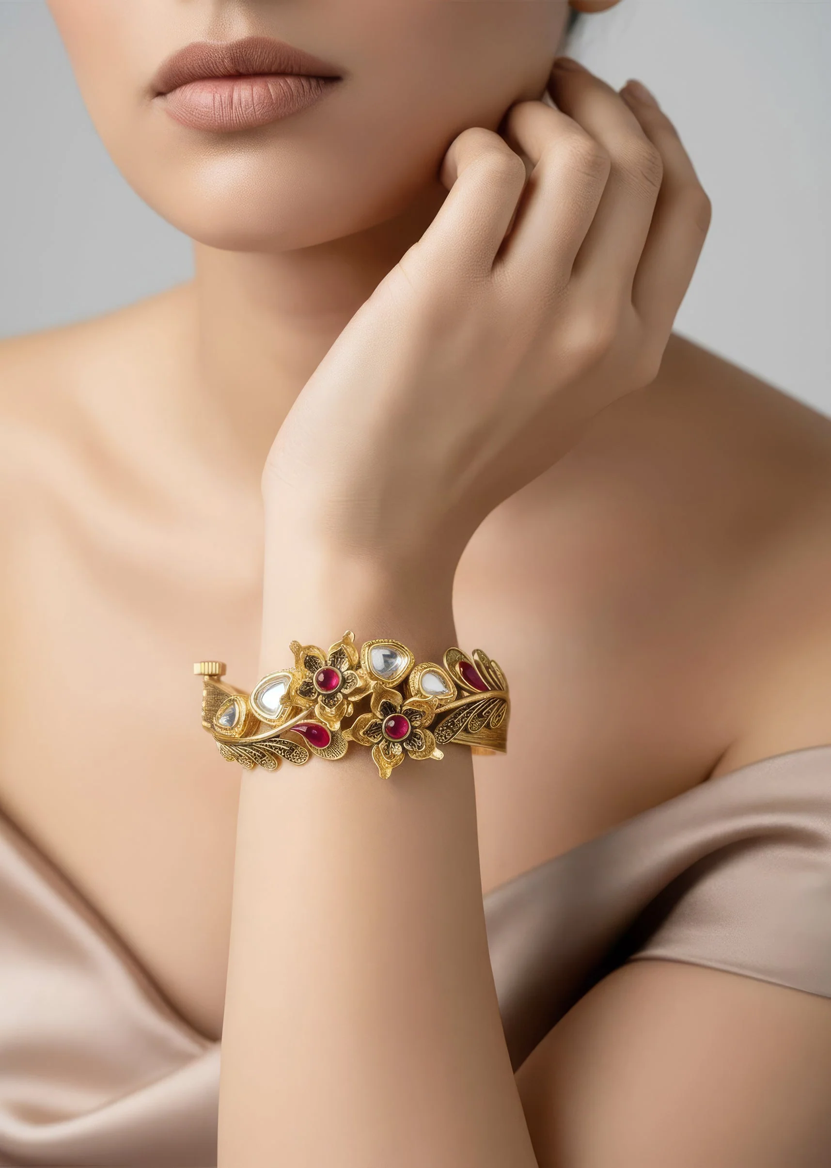 Gold Plated Red Synthetic Stone Kada