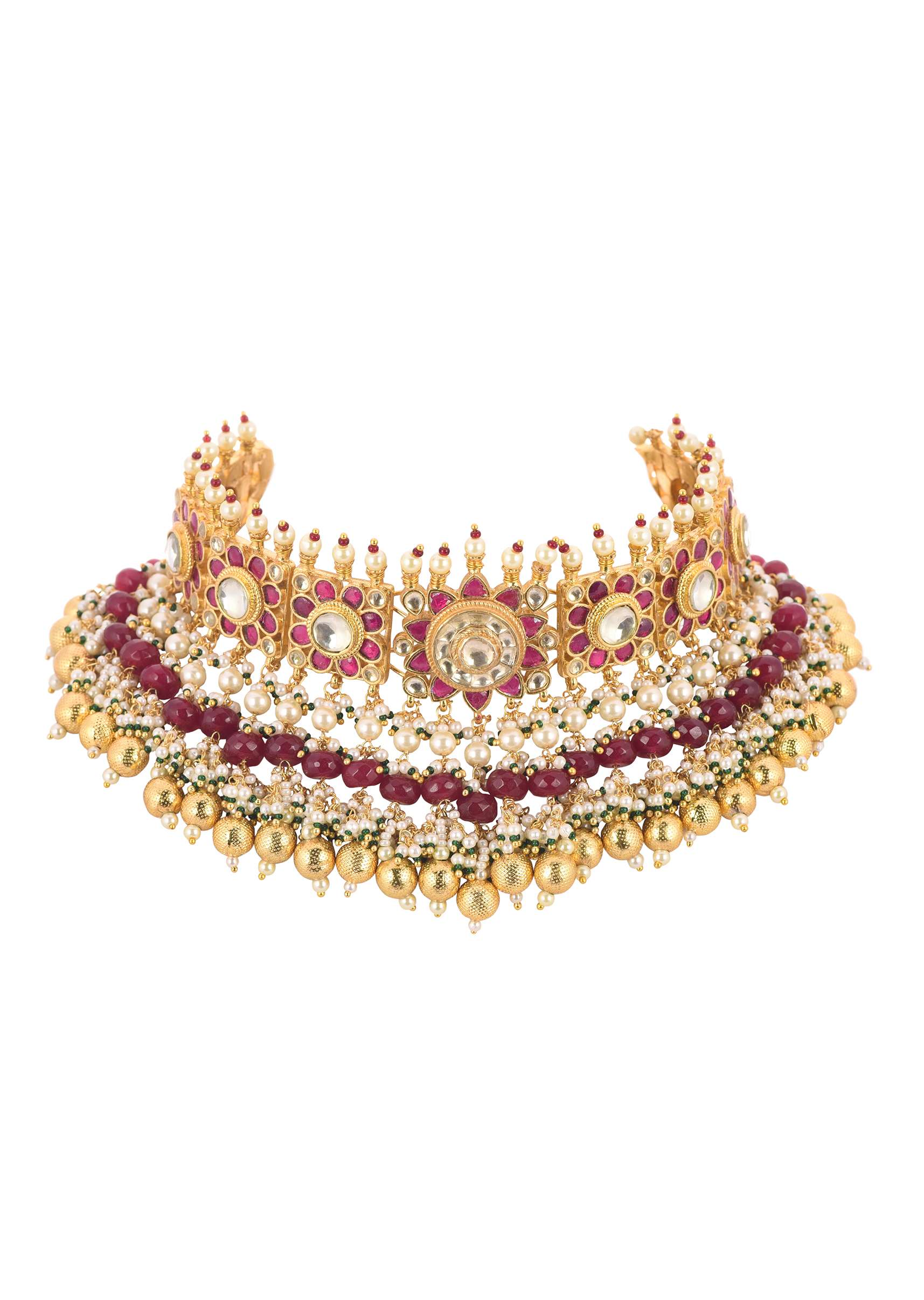 Gold Finish Choker Set With Red Meenakari In Mix Metal