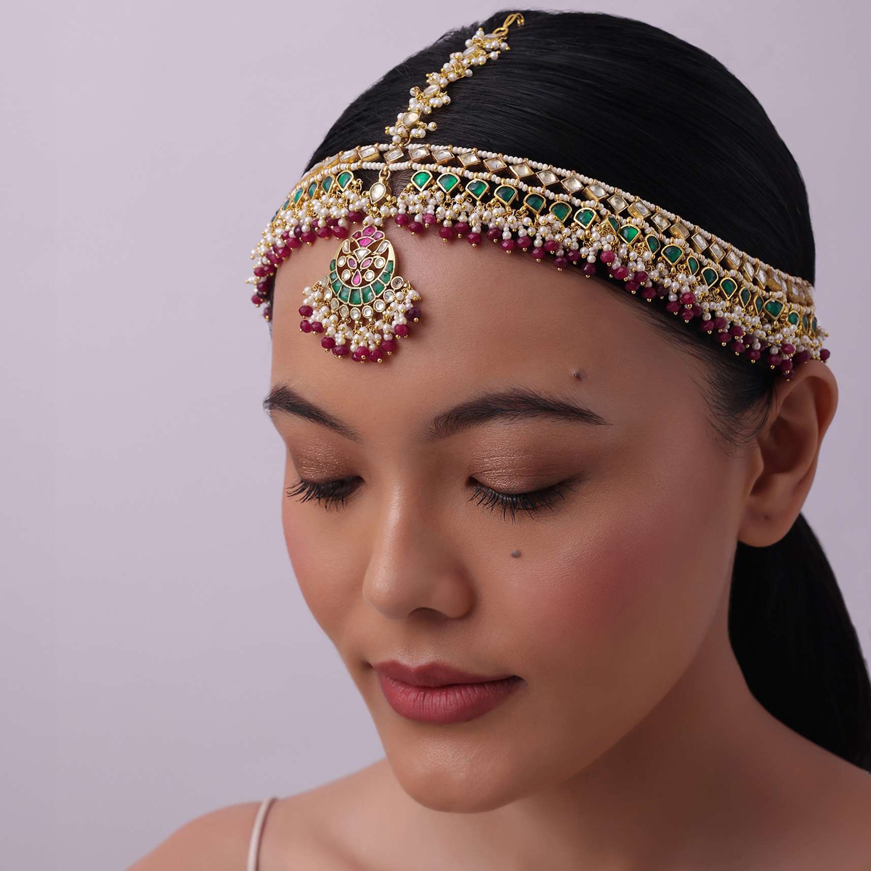 12173-red-beaded-sheeshphool-in-gold-finish-mix-metal-1.jpg Red Beaded Sheeshphool In Gold Finish Mix Metal