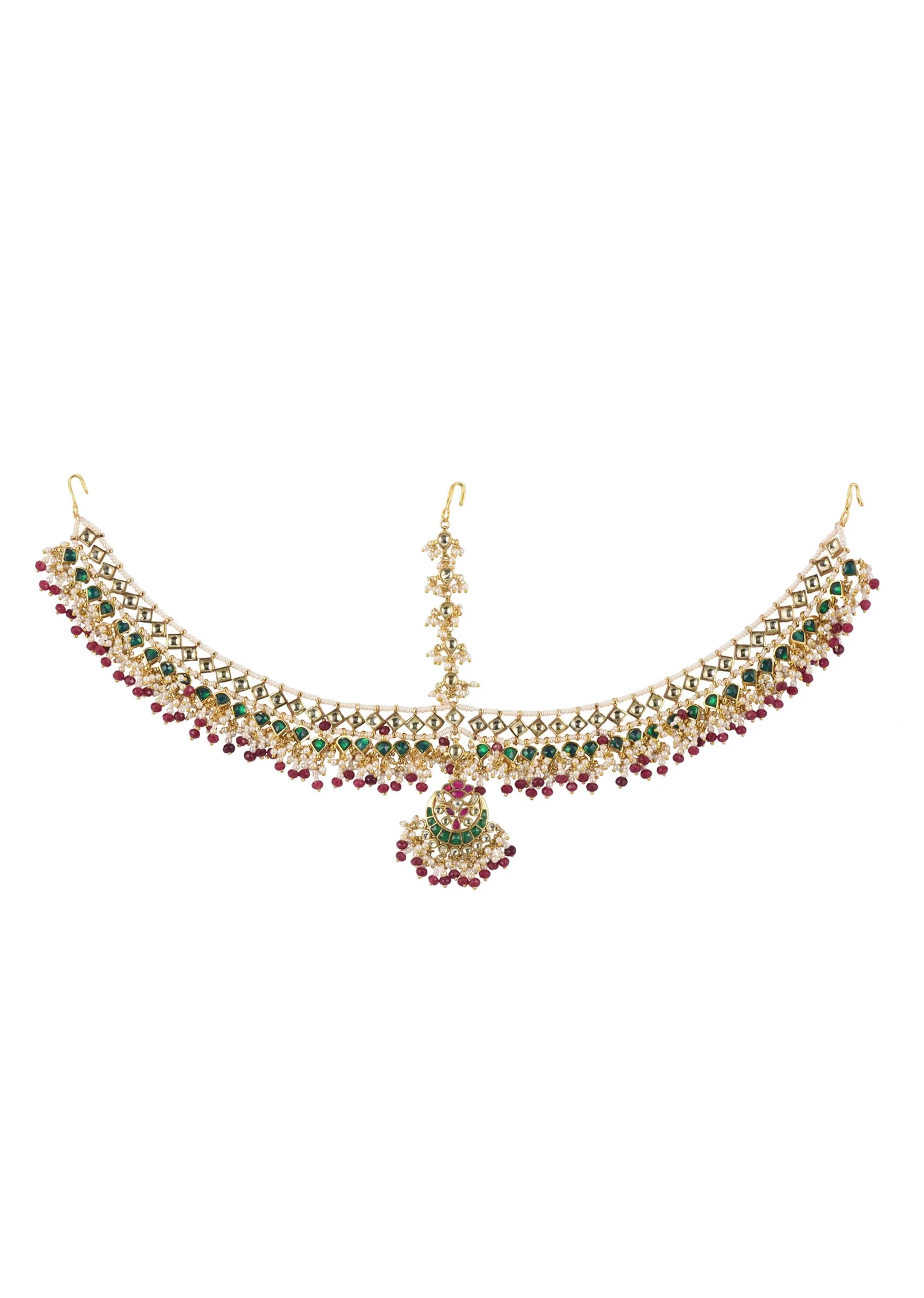Red Beaded Sheeshphool In Gold Finish Mix Metal