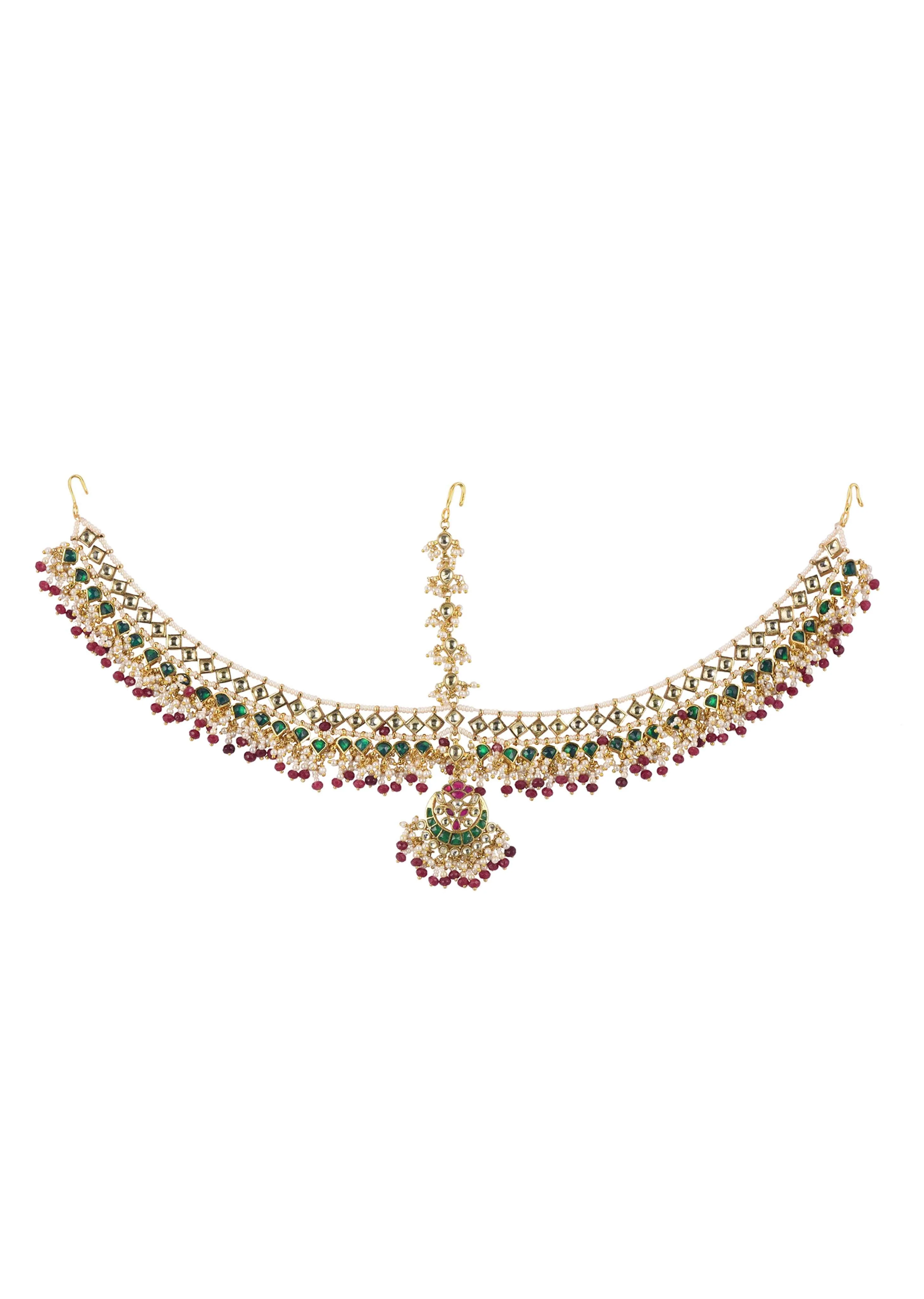 Red Beaded Sheeshphool In Gold Finish Mix Metal