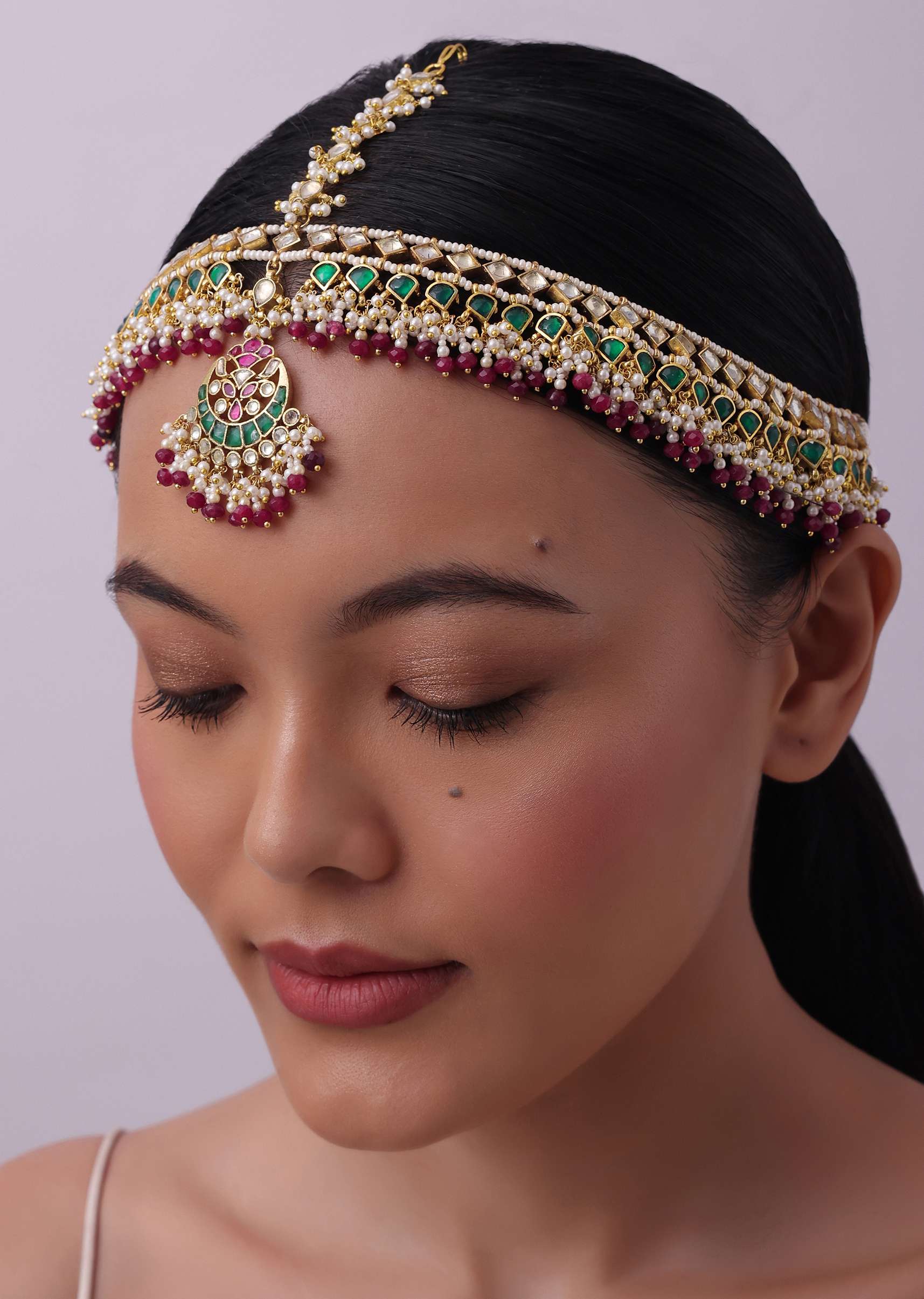 Red Beaded Sheeshphool In Gold Finish Mix Metal