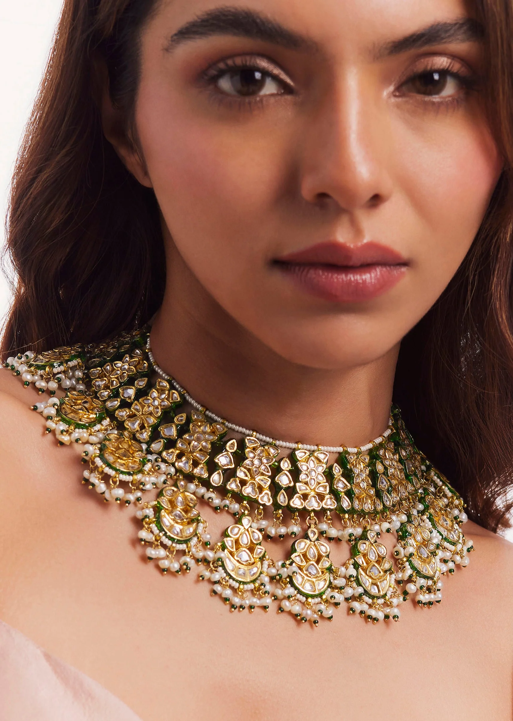 12174-gold-plated-kundan-polki-green-bead-choker-1.webp Gold Plated Kundan Polki Green Bead Choker