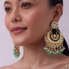 Gold Finish Kundan Chandbalis With Green Drops