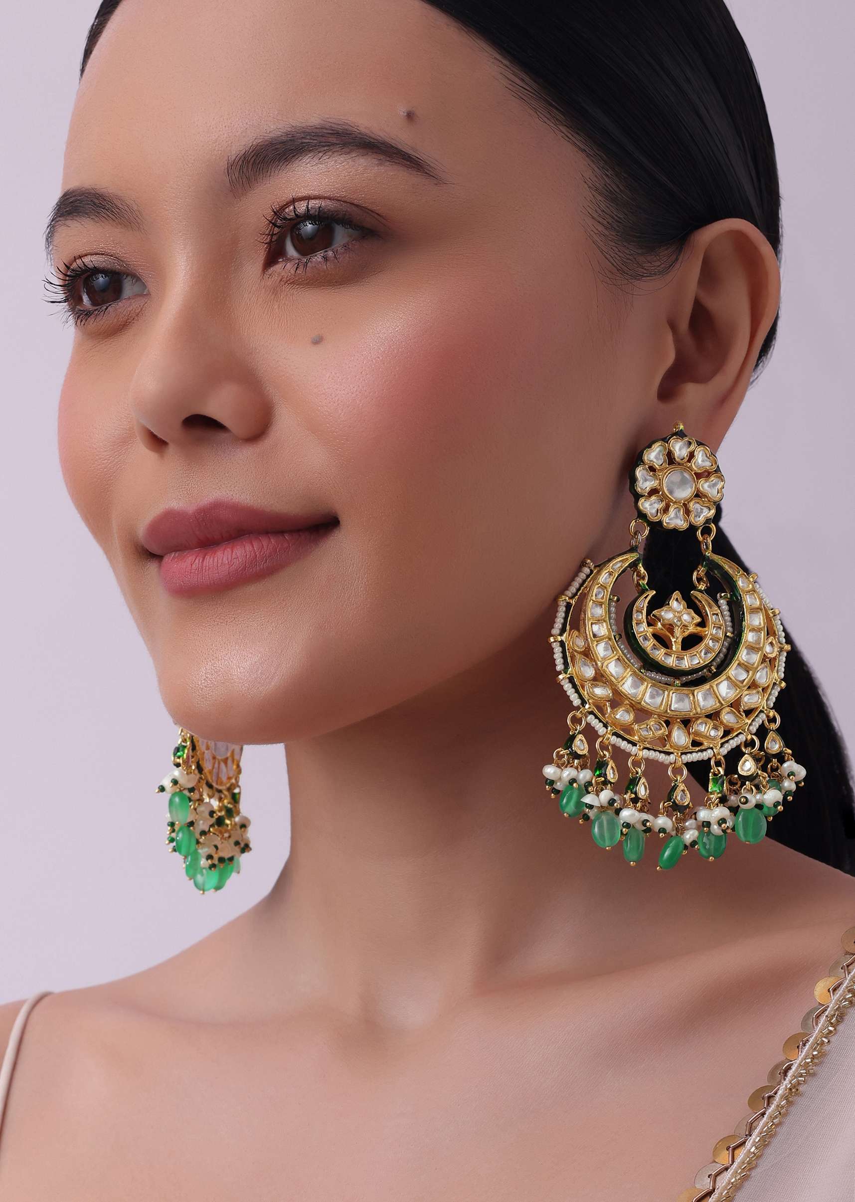 12177-gold-finish-kundan-chandbalis-with-green-drops-1.jpg Gold Finish Kundan Chandbalis With Green Drops