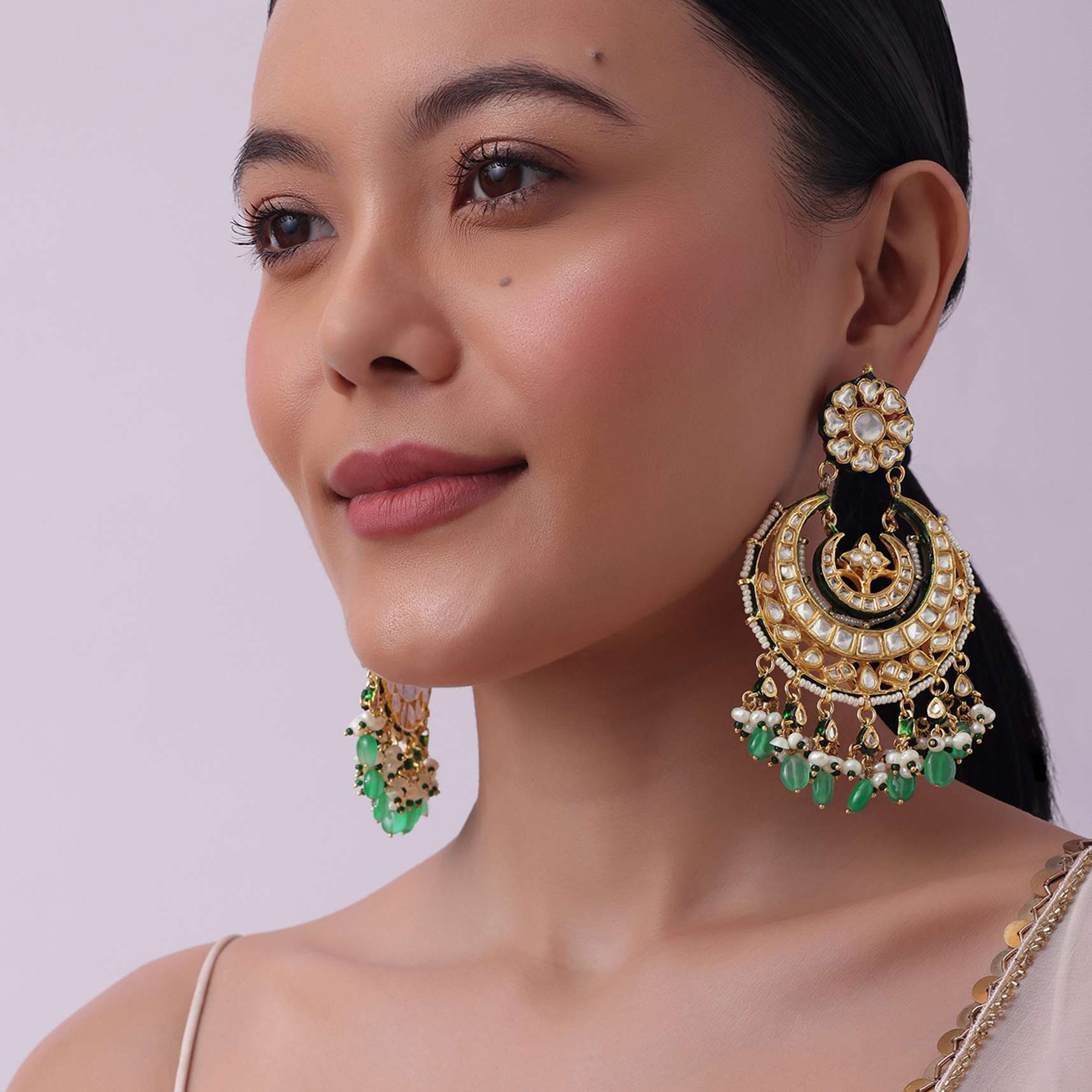 Gold Finish Kundan Chandbalis With Green Drops