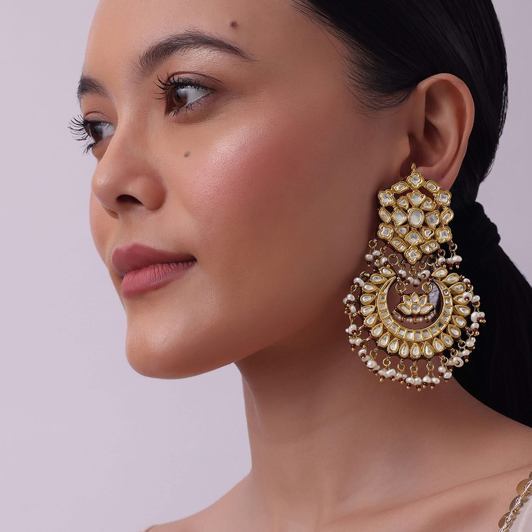 Gold Finish Kundan Chandbalis With Green Drops