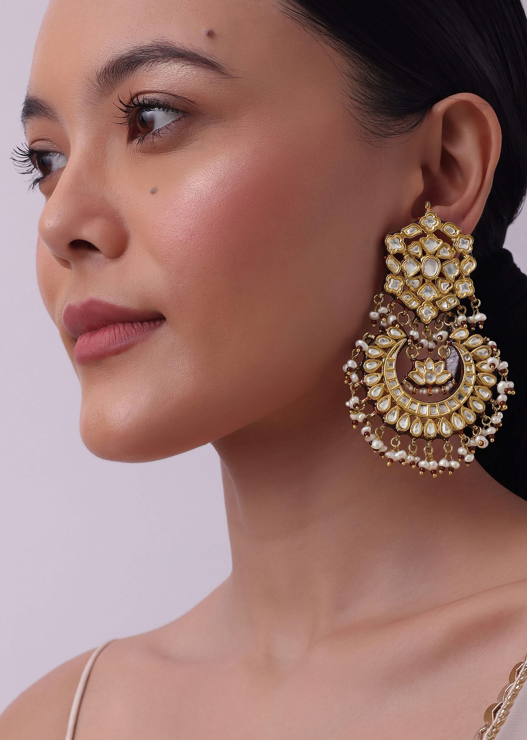 Gold Finish Kundan Chandbalis With Green Drops
