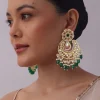Gold Finish Kundan Chandbalis With Green Drops