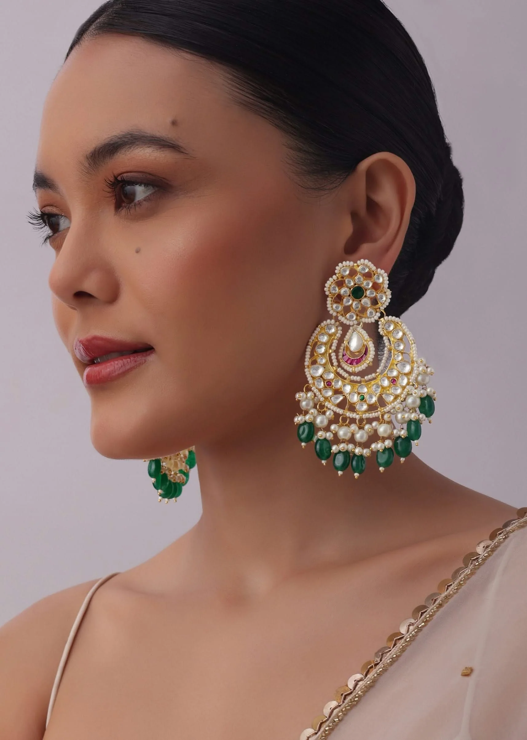 Gold Finish Kundan Chandbalis With Green Drops