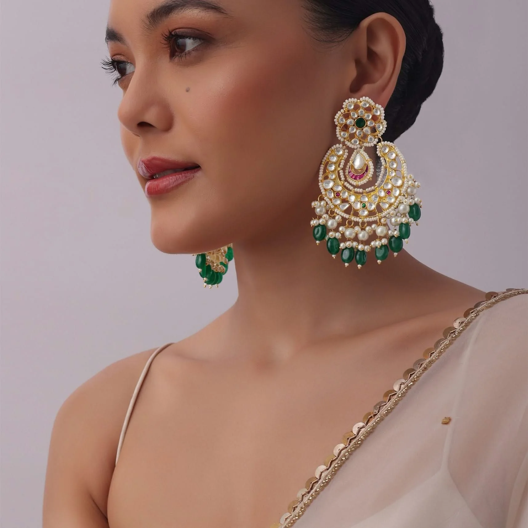 Gold Finish Kundan Chandbalis With Green Drops
