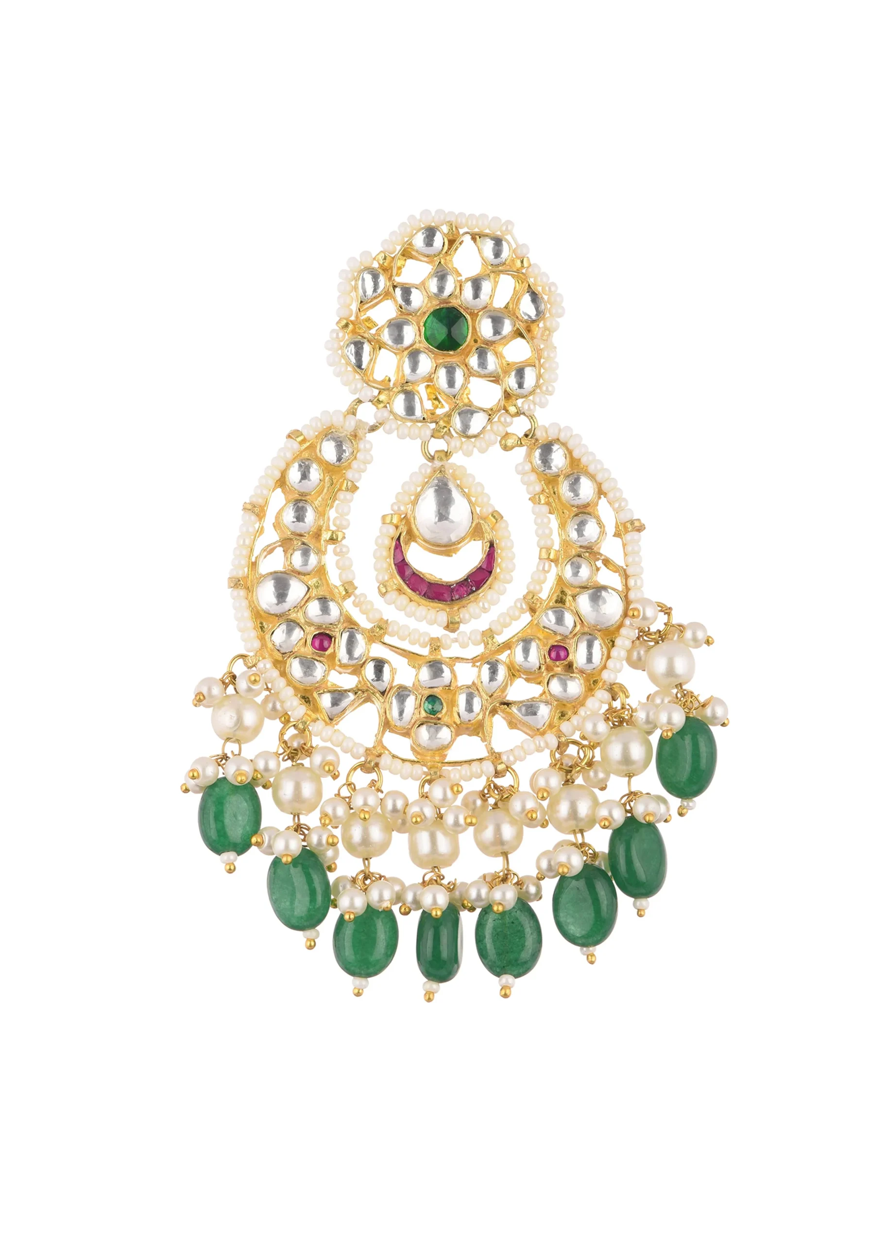Gold Finish Kundan Chandbalis With Green Drops