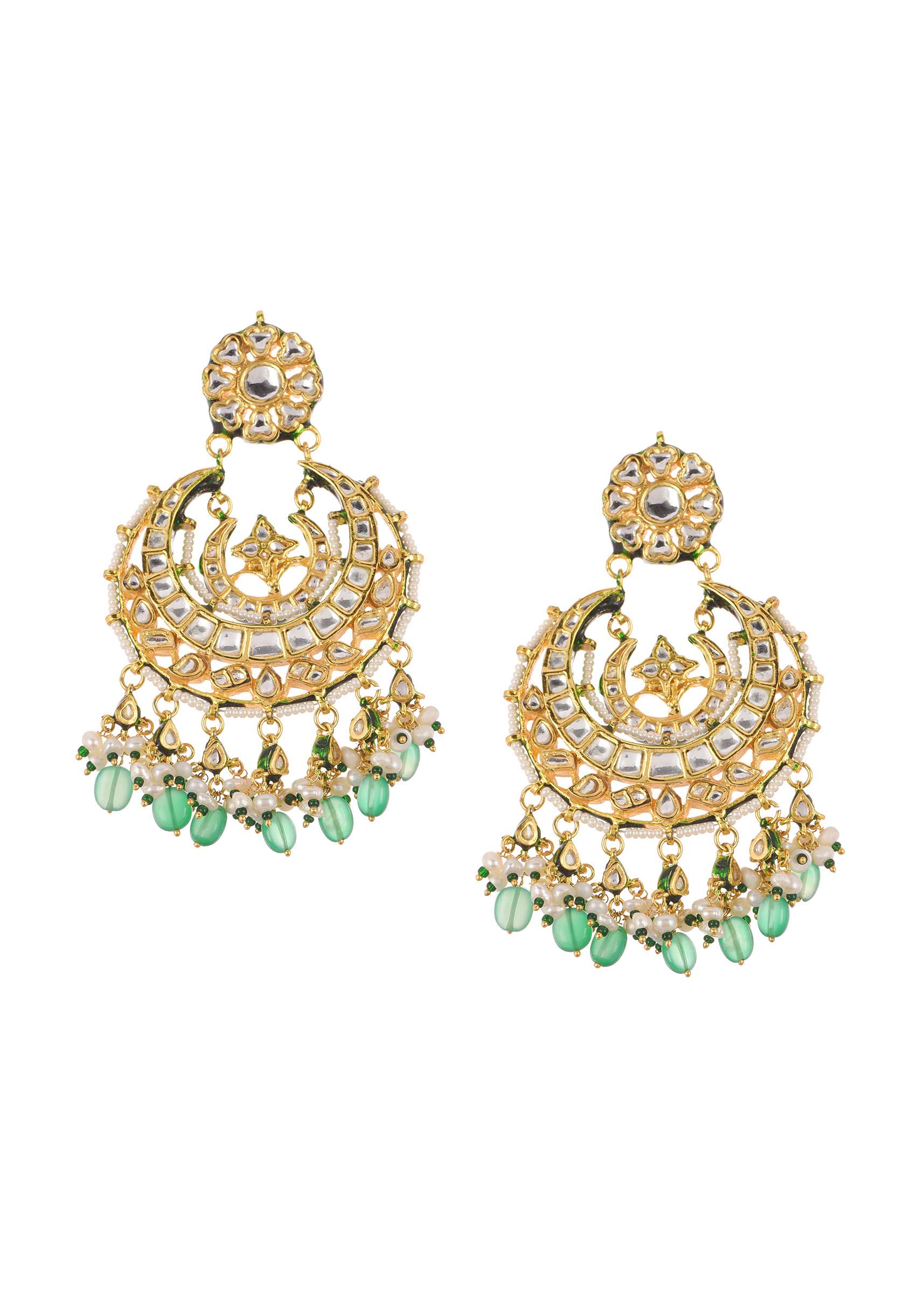 Gold Finish Kundan Chandbalis With Green Drops