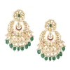 Gold Finish Kundan Chandbalis With Green Drops