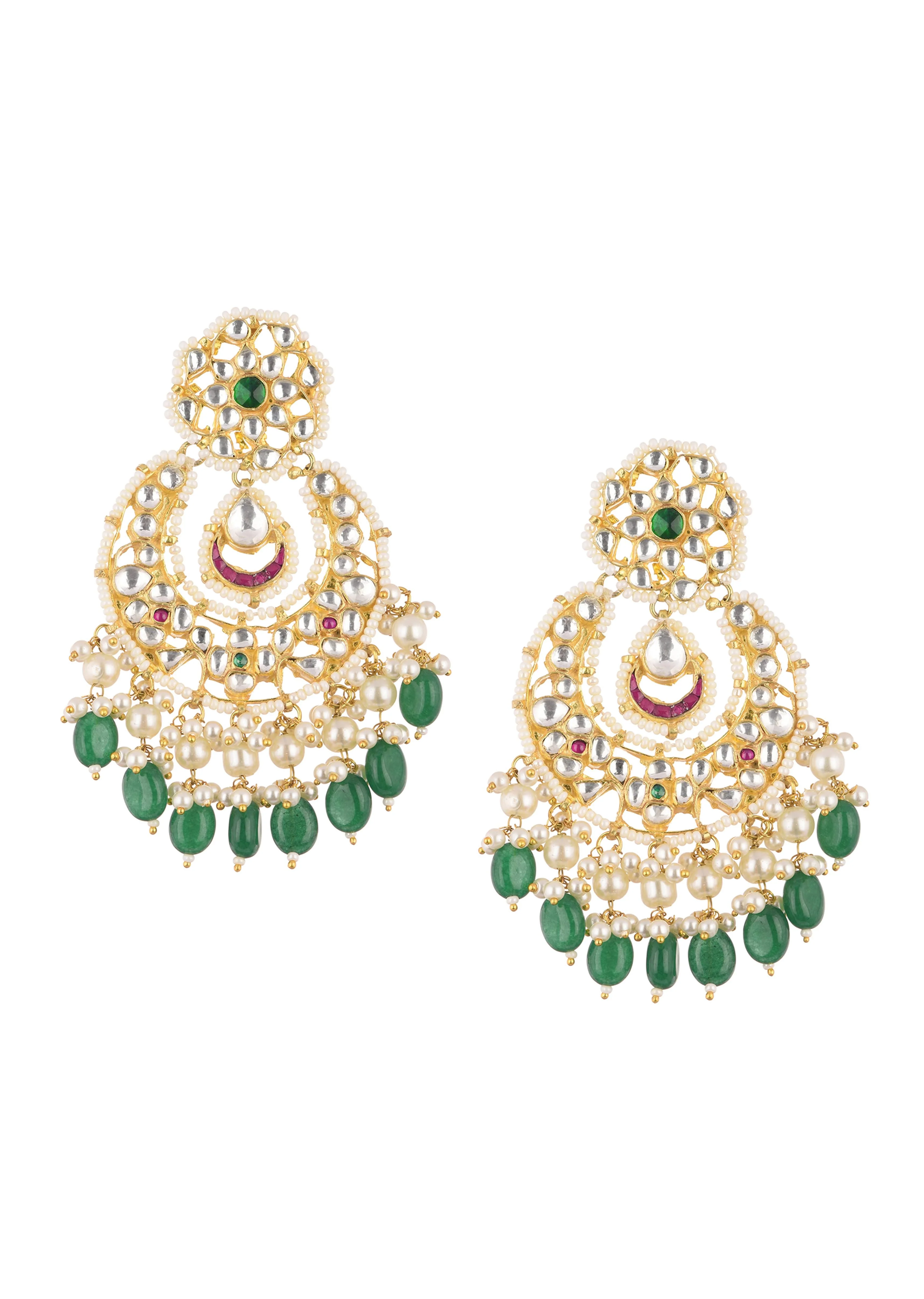 Gold Finish Kundan Chandbalis With Green Drops