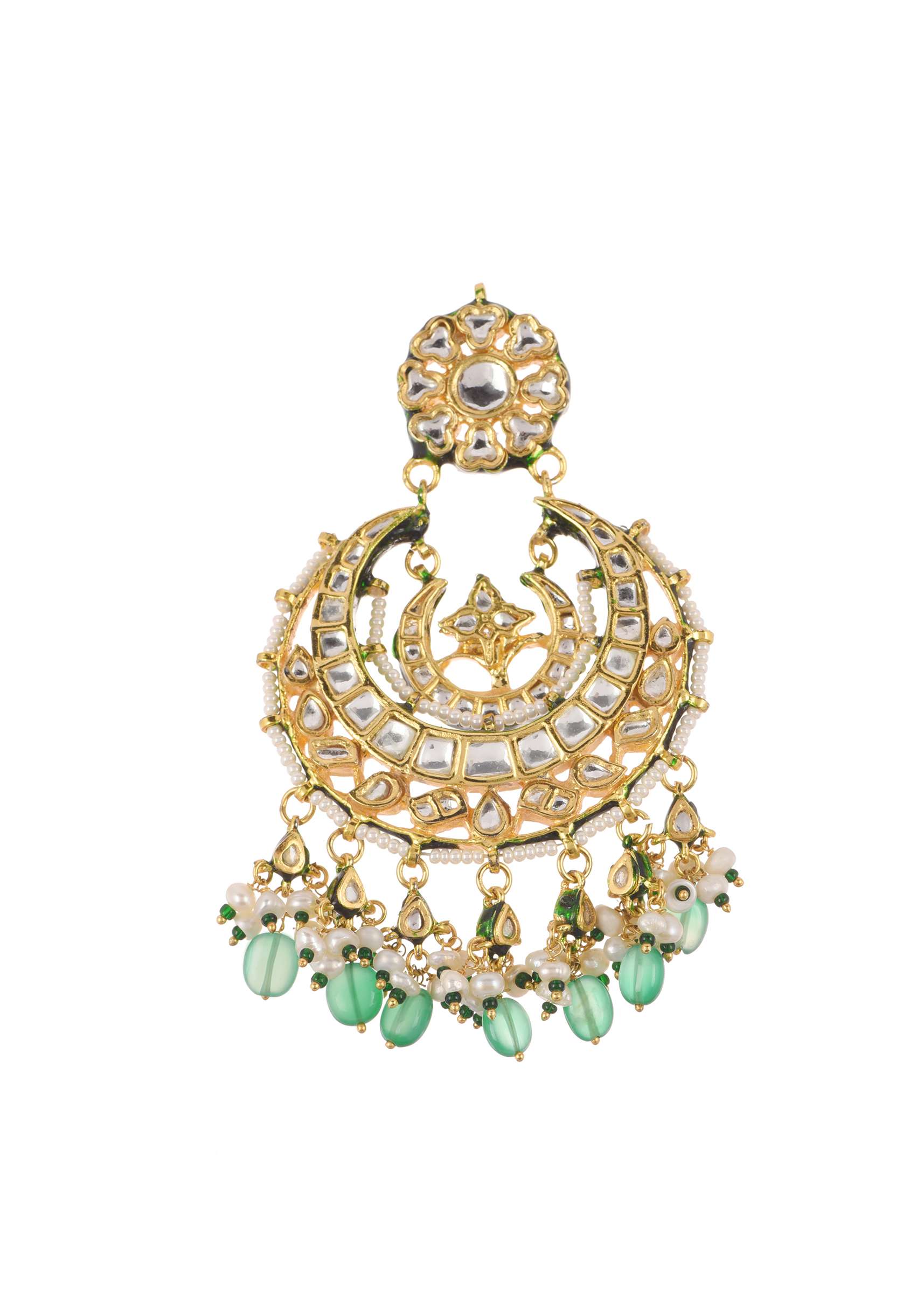 Gold Finish Kundan Chandbalis With Green Drops