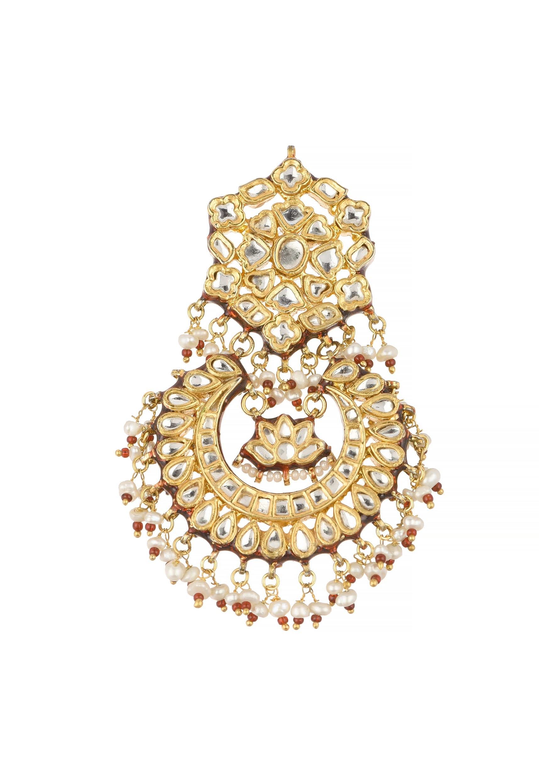 Gold Finish Kundan Chandbalis With Green Drops