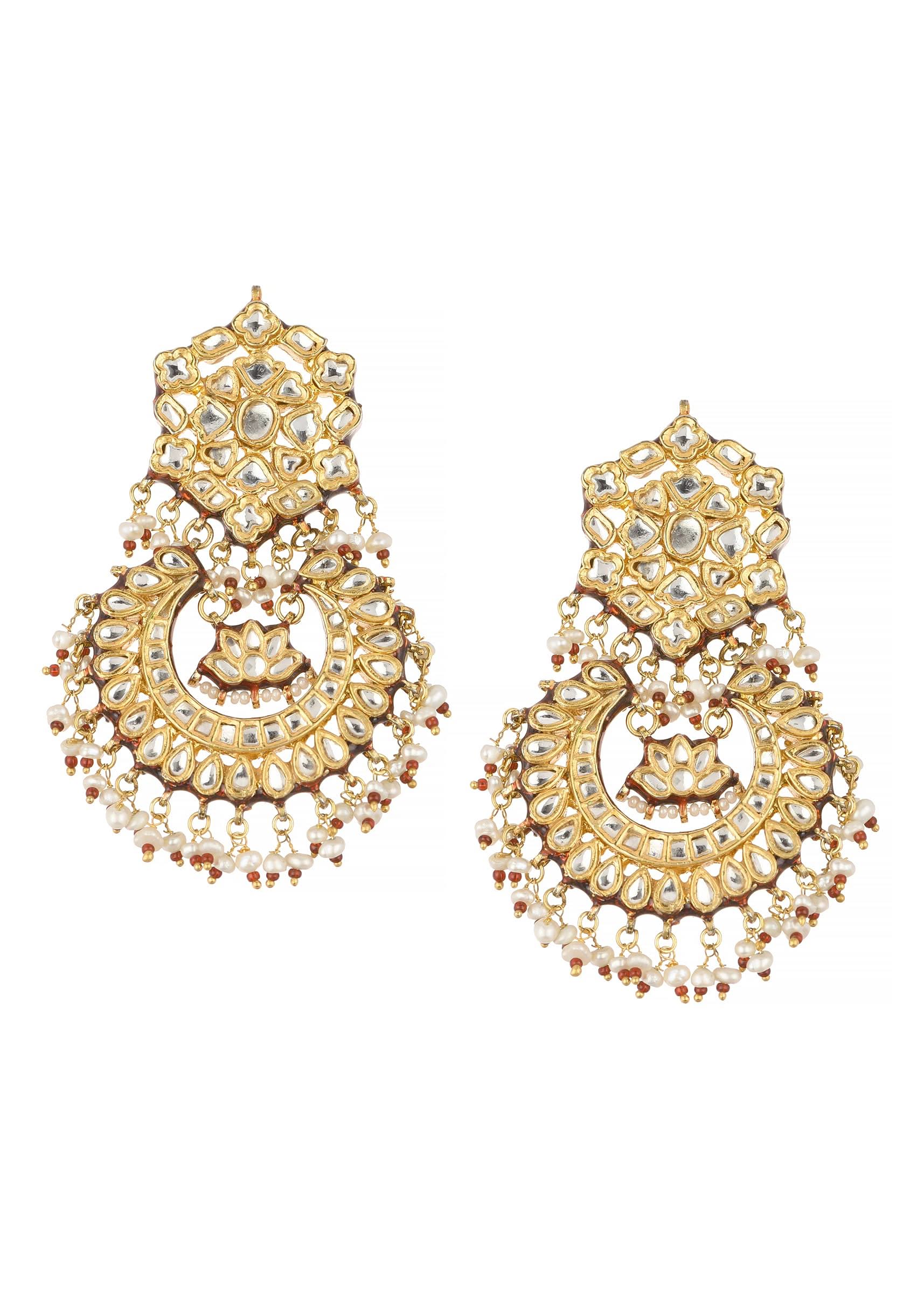 Gold Finish Kundan Chandbalis With Green Drops