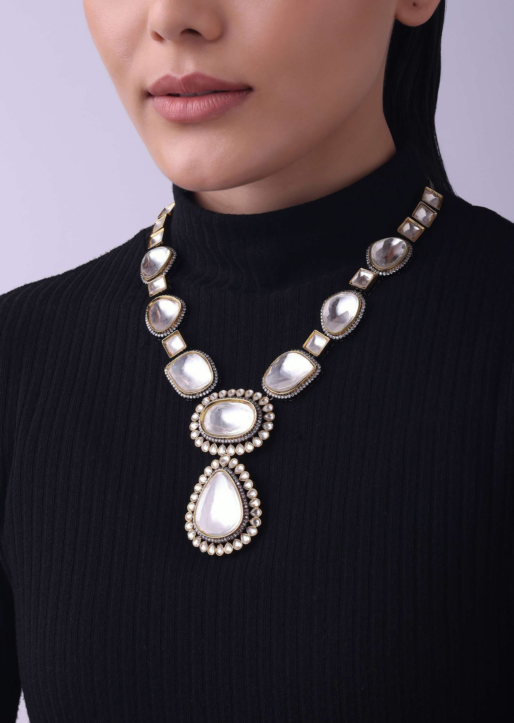 12179-two-tone-moissanite-kundan-long-necklace-1.jpg Two Tone Moissanite Kundan Long Necklace