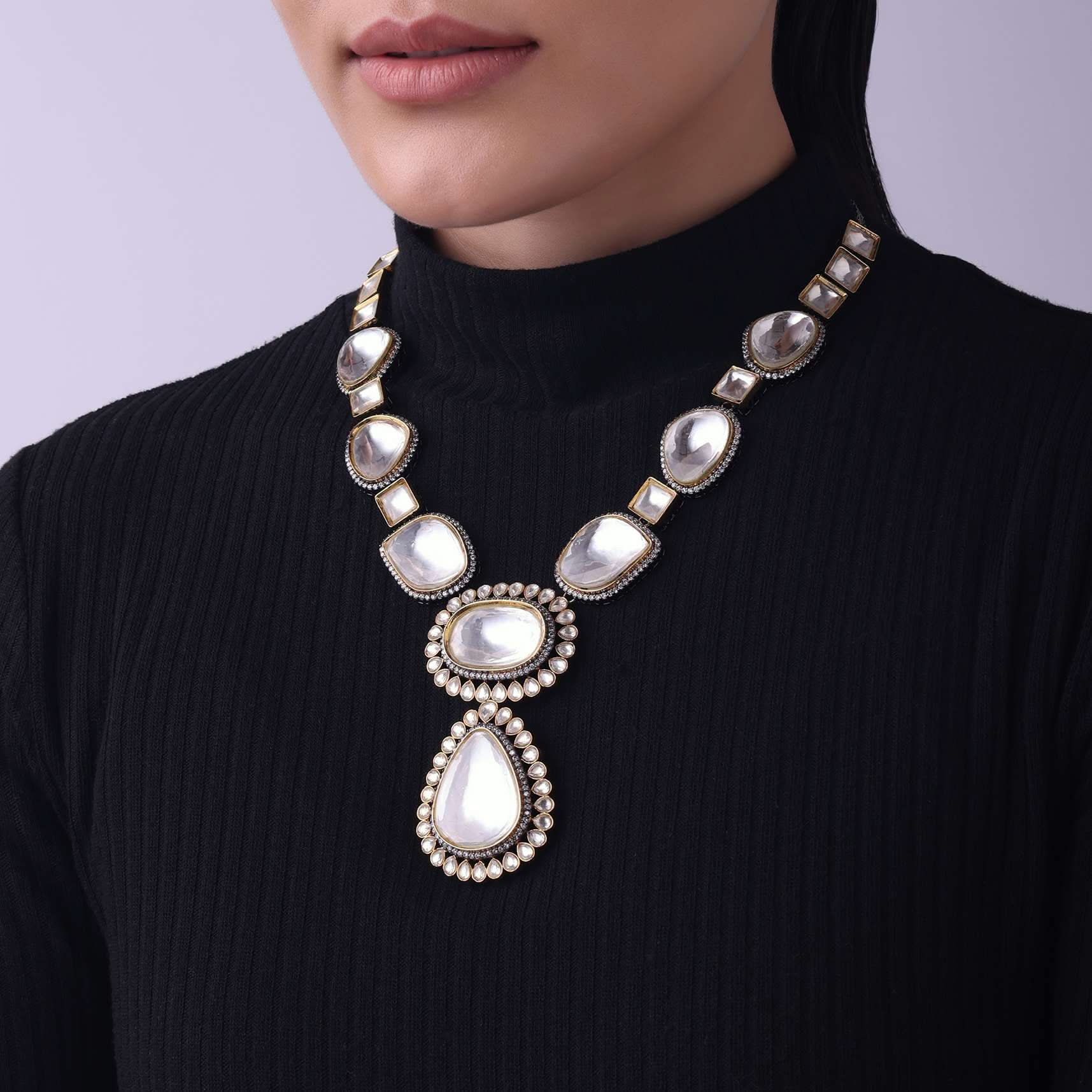Two Tone Moissanite Kundan Long Necklace