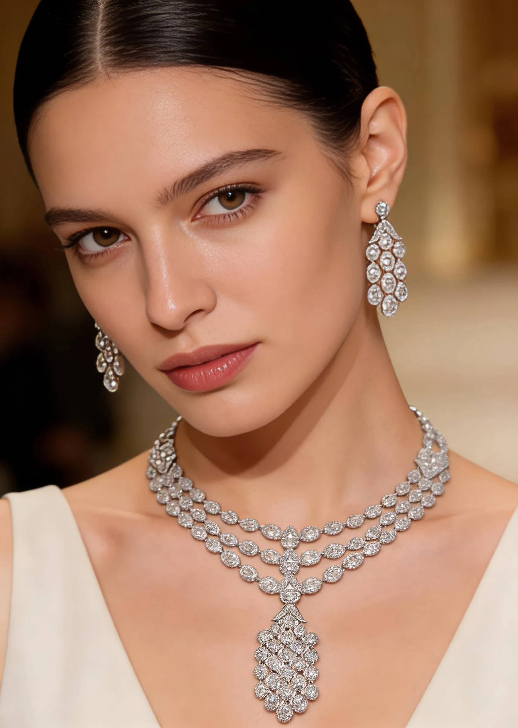 Silver Plated Zircon Short Necklace Set With Earrings