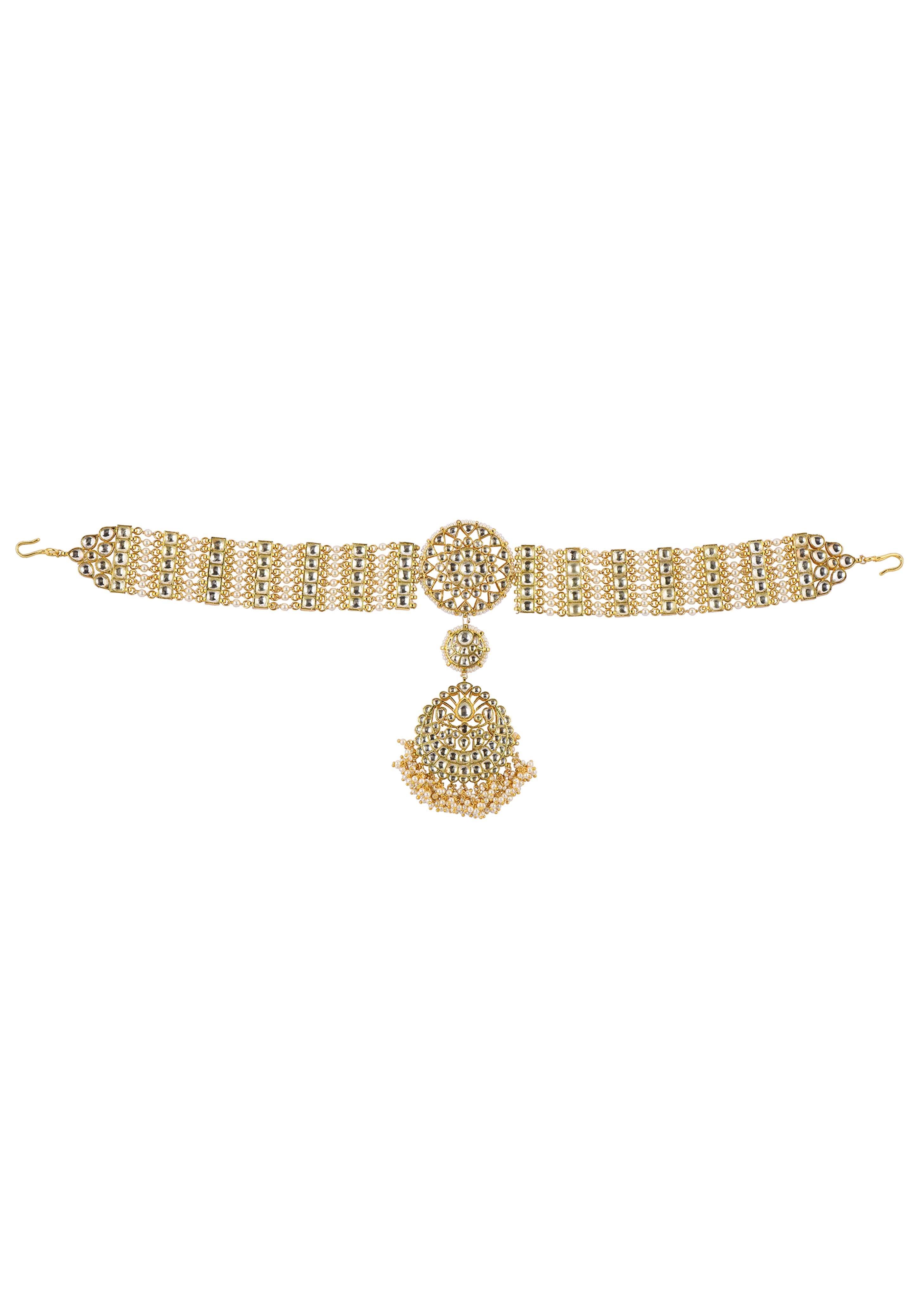 White Pearl Drop Sheeshphool In Gold Finish Mix Metal