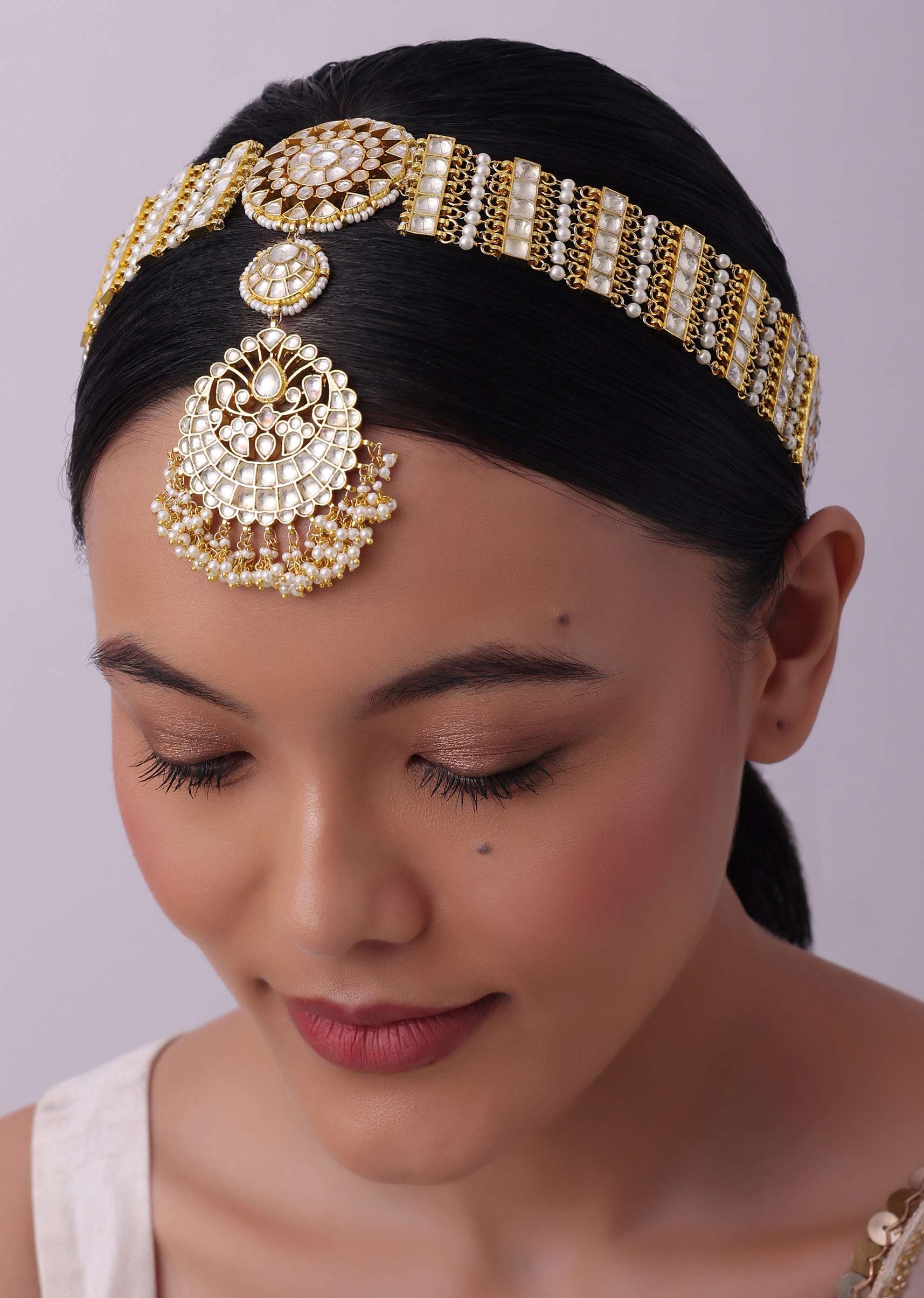 White Pearl Drop Sheeshphool In Gold Finish Mix Metal
