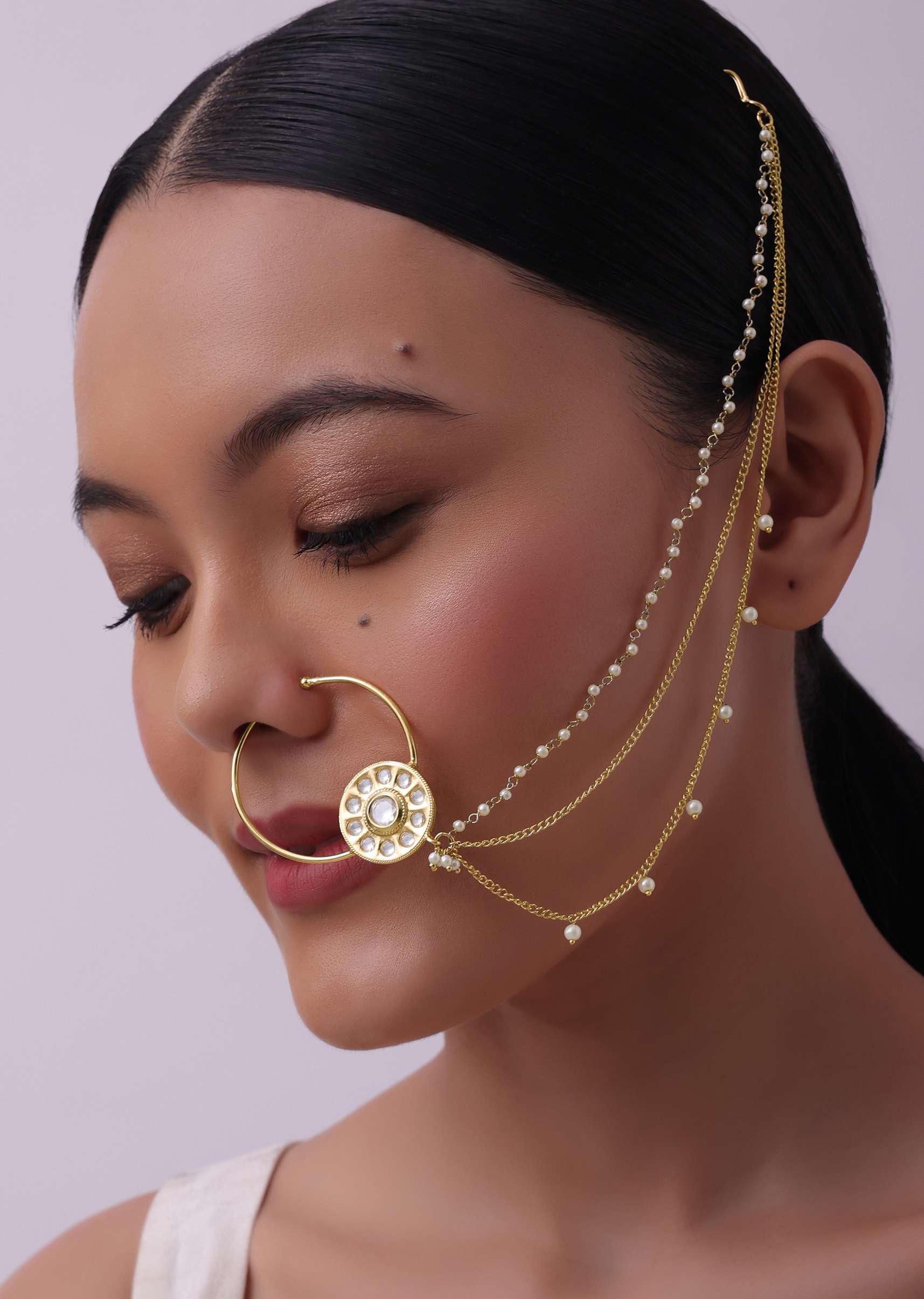 Gold Finish Layered Nath With Small Motif