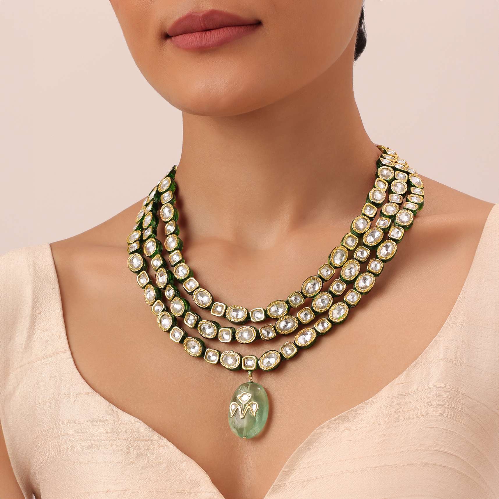 12187-gold-tone-layered-kundan-necklace-with-green-pendant-stone-drop-1.jpg Gold Tone Layered Kundan Necklace With Green Pendant Stone Drop