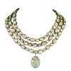 Gold Tone Layered Kundan Necklace With Green Pendant Stone Drop