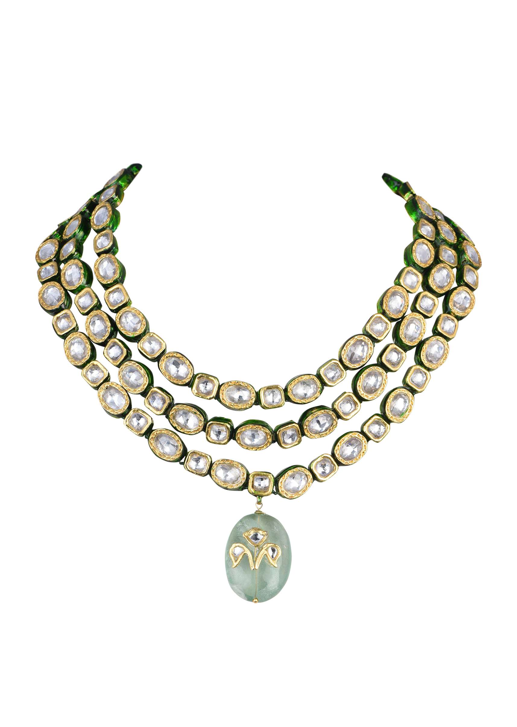 Gold Tone Layered Kundan Necklace With Green Pendant Stone Drop