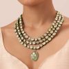 Gold Tone Layered Kundan Necklace With Green Pendant Stone Drop