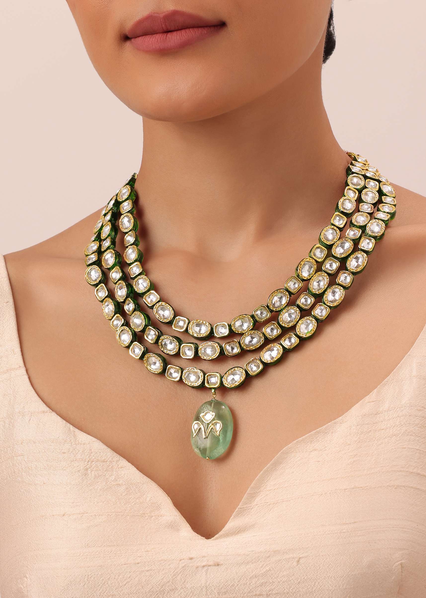 Gold Tone Layered Kundan Necklace With Green Pendant Stone Drop