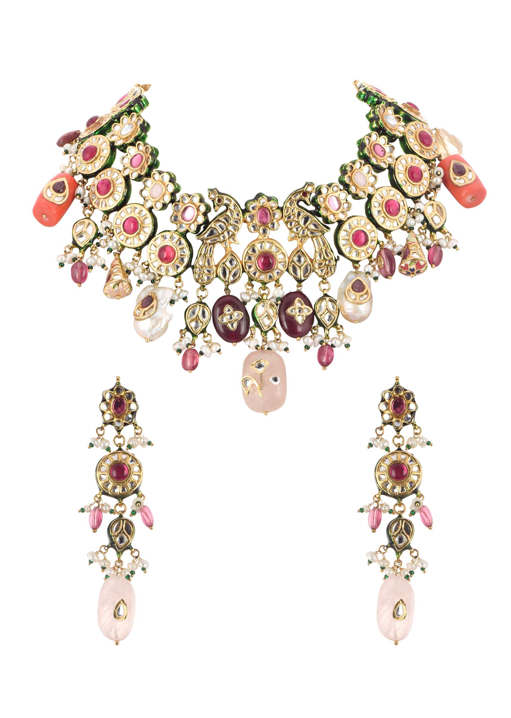 Multicolor Carved Beaded Choker Set In Gold Finish Mix Metal