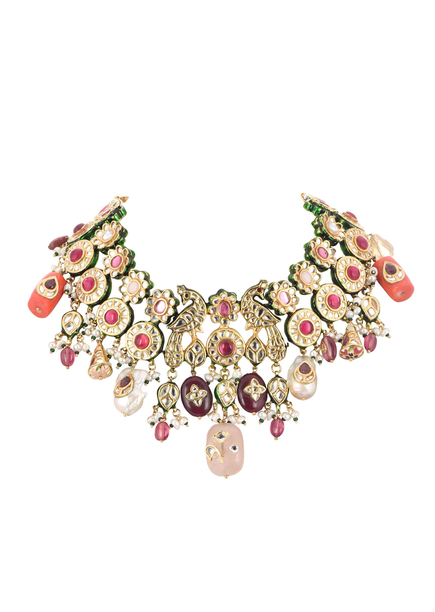 Multicolor Carved Beaded Choker Set In Gold Finish Mix Metal