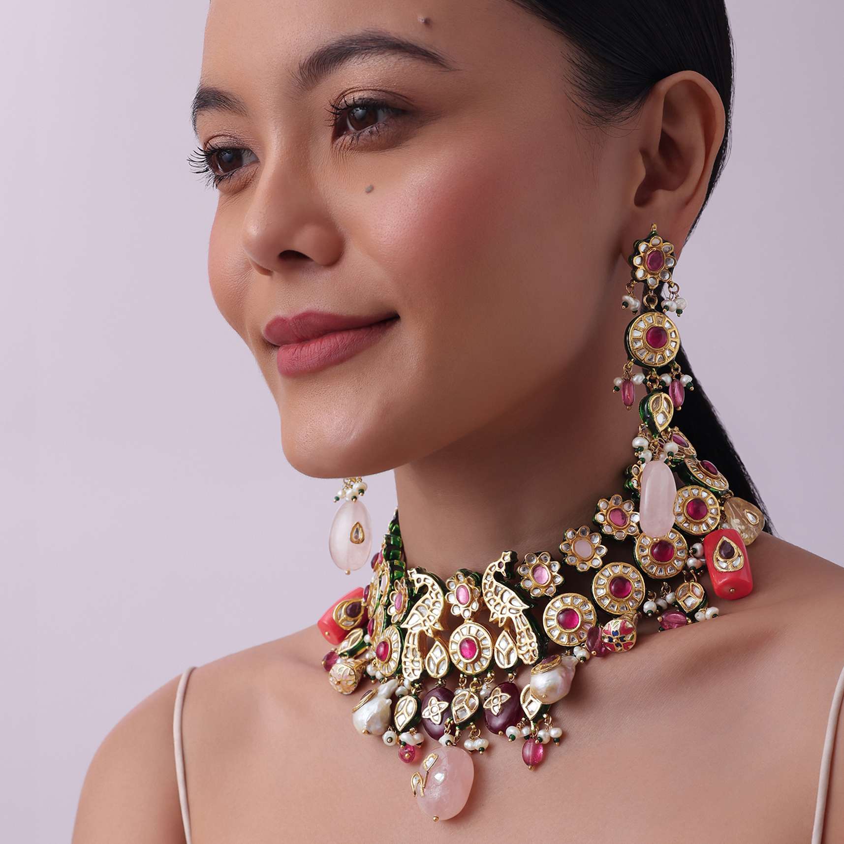 Multicolor Carved Beaded Choker Set In Gold Finish Mix Metal