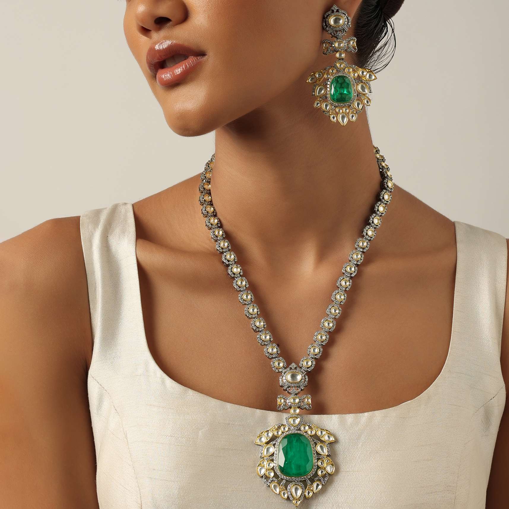 Blue Two Tone Polki Long Necklace Set With Emerald Pendant