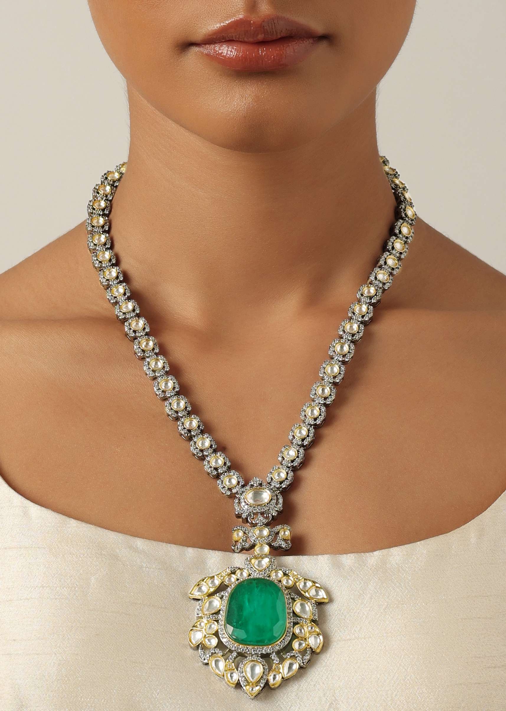 Blue Two Tone Polki Long Necklace Set With Emerald Pendant